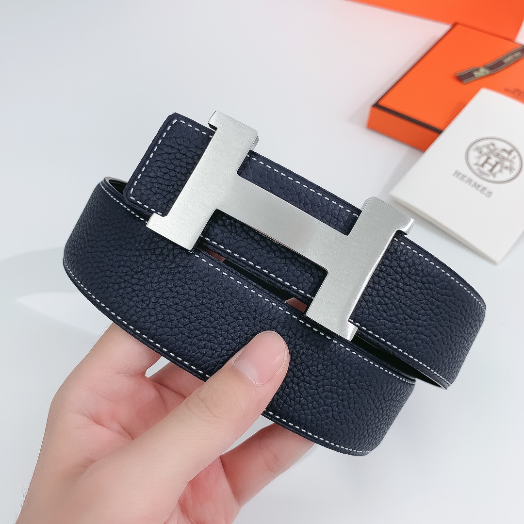 Hermès Male Leather Belt Silver 38mm