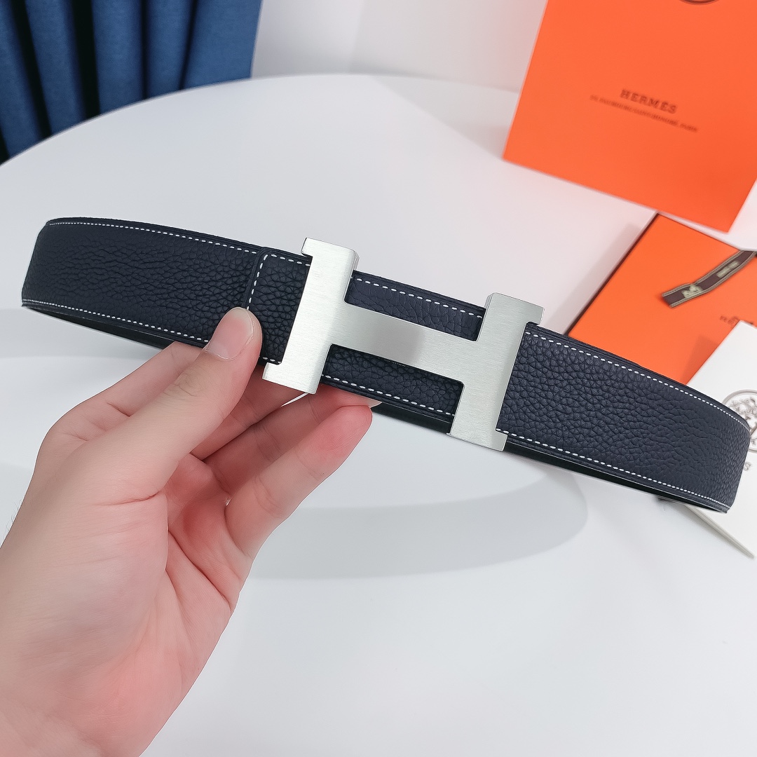 Hermès Male Leather Belt Silver 38mm