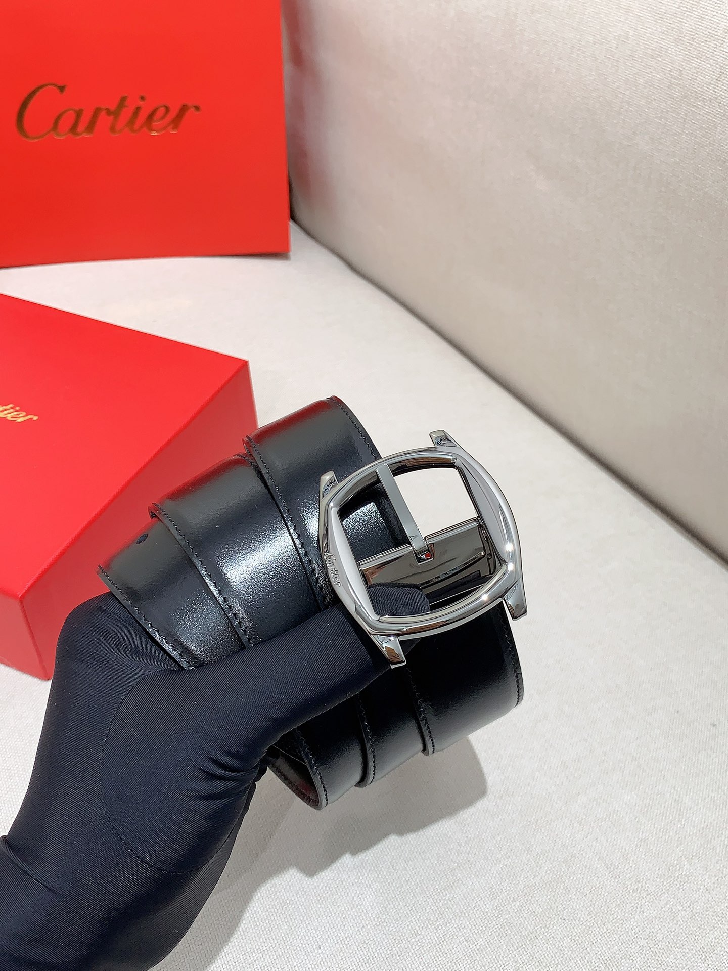 Cartier Leather Belt Cow Leather Black Adjustable