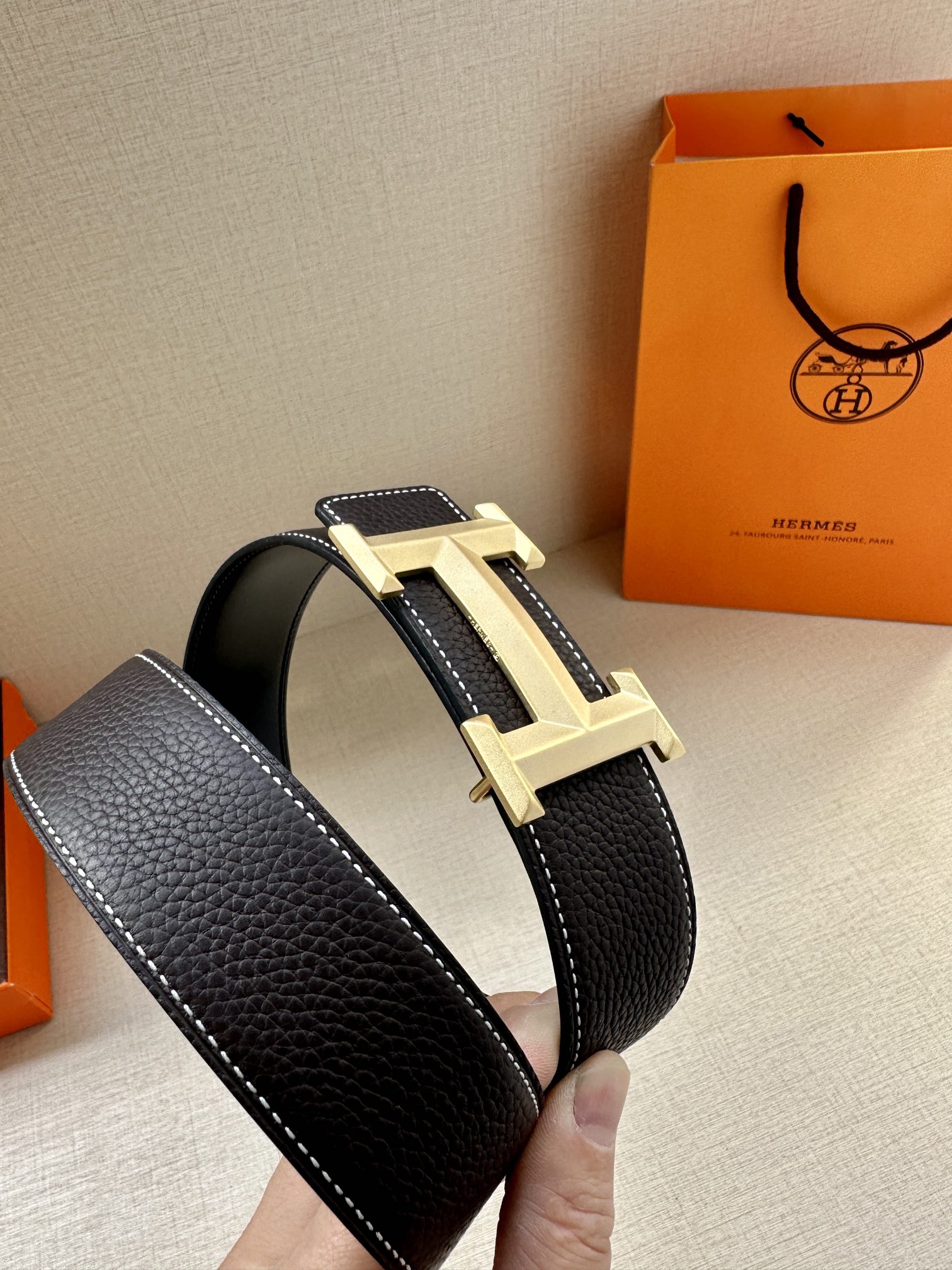 Hermès Male Leather Belt Cow Leather Gold