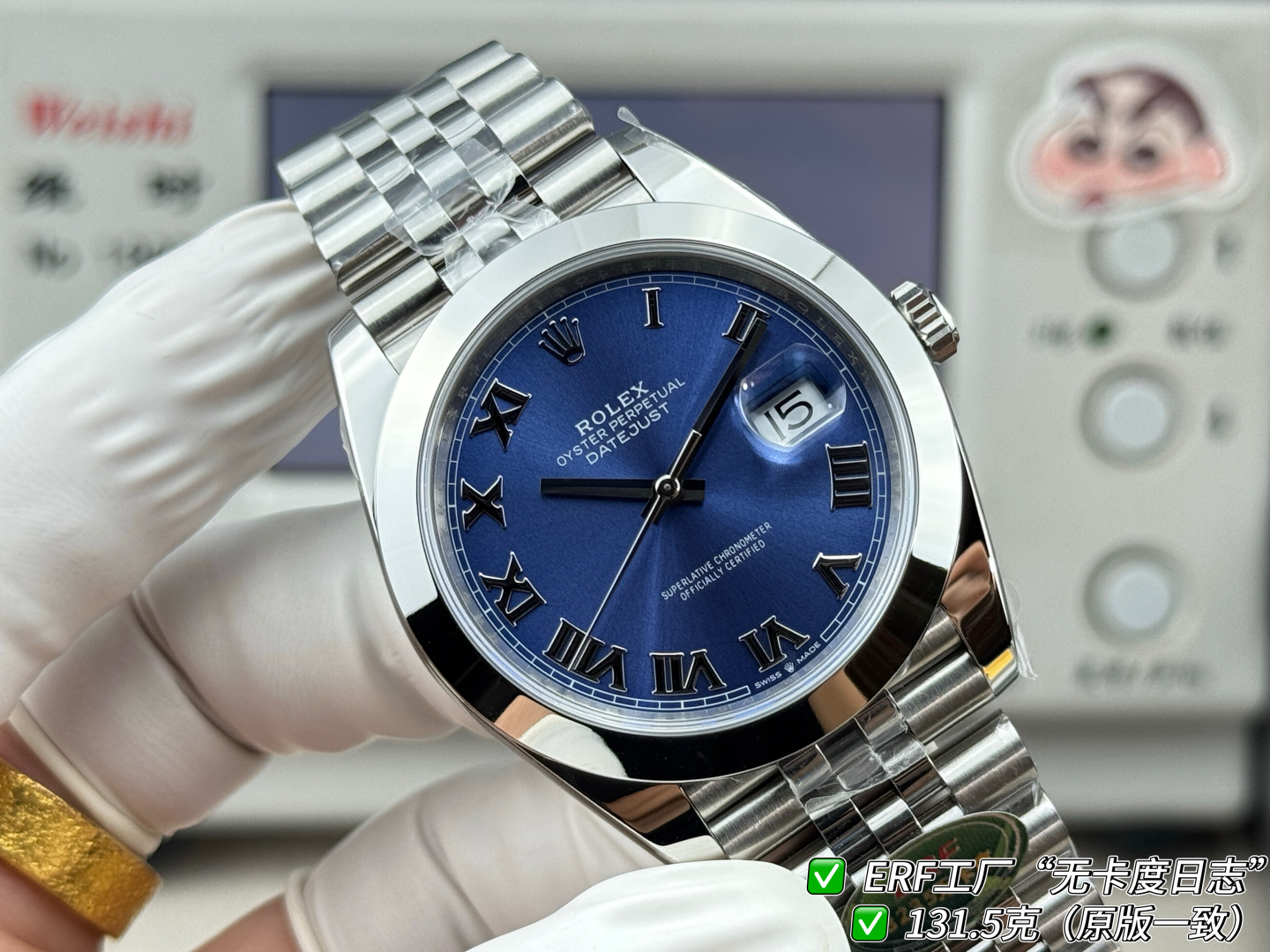 ERF“无卡度日志”最新日志型DATEJUST41系列——131.5克增重版（官方整表重量约133克左右）全新一代无卡度Cal.3235机芯，突破传统工艺极限，蓝色游丝+无卡度惯性调校结构（砝码调校思路），摆轮区结构观感与技术路线无限贴近原装 Cal.3235的核心特征，夹板全新升级打磨不仅让人眼前一亮，并且稳定性与仿真度显著提升