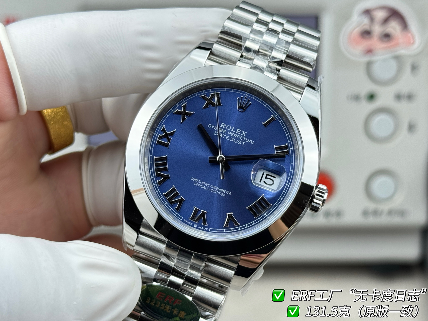ERF“无卡度日志”最新日志型DATEJUST41系列——131.5克增重版（官方整表重量约133克左右）全新一代无卡度Cal.3235机芯，突破传统工艺极限，蓝色游丝+无卡度惯性调校结构（砝码调校思路），摆轮区结构观感与技术路线无限贴近原装 Cal.3235的核心特征，夹板全新升级打磨不仅让人眼前一亮，并且稳定性与仿真度显著提升