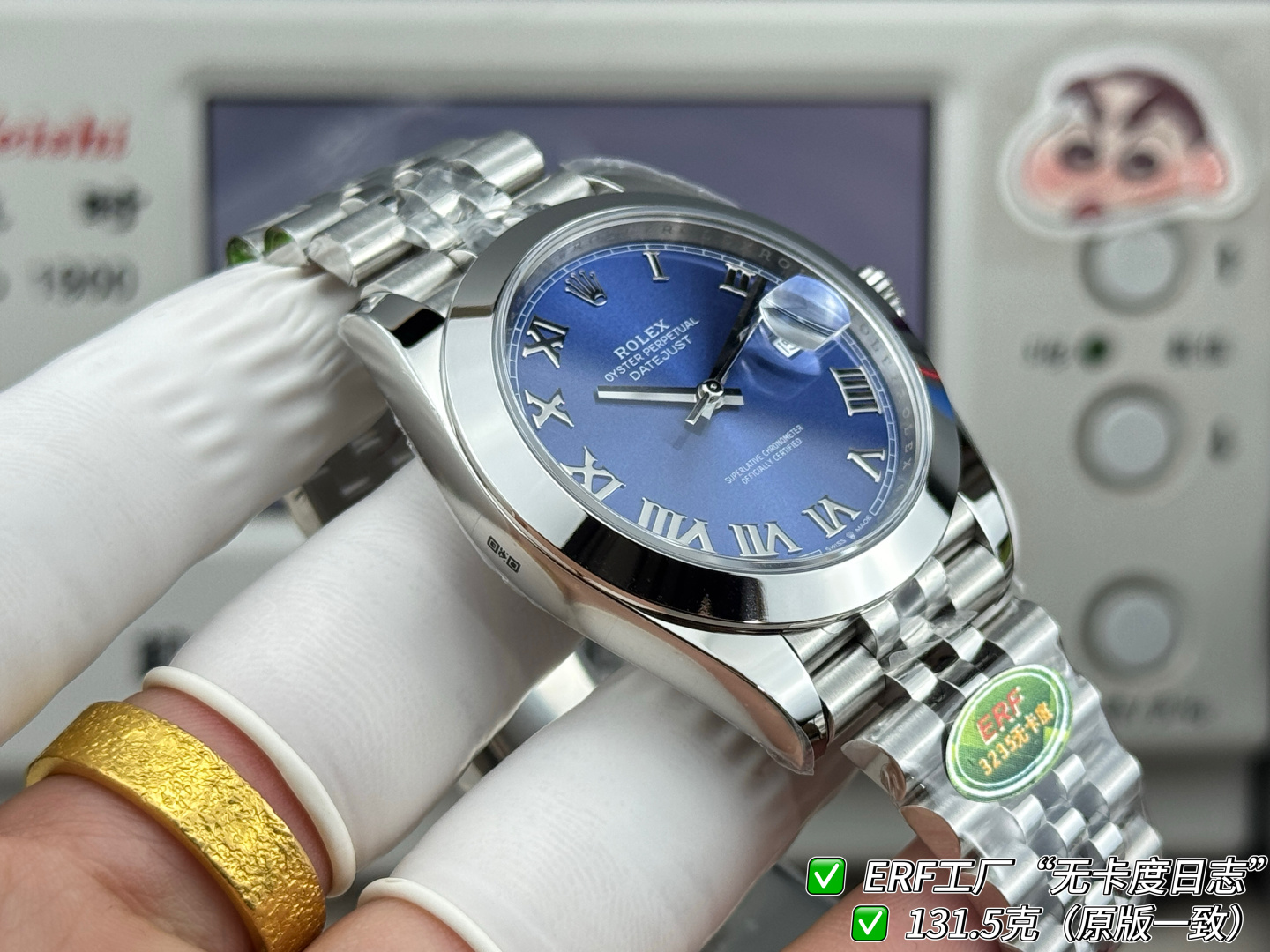 ERF“无卡度日志”最新日志型DATEJUST41系列——131.5克增重版（官方整表重量约133克左右）全新一代无卡度Cal.3235机芯，突破传统工艺极限，蓝色游丝+无卡度惯性调校结构（砝码调校思路），摆轮区结构观感与技术路线无限贴近原装 Cal.3235的核心特征，夹板全新升级打磨不仅让人眼前一亮，并且稳定性与仿真度显著提升