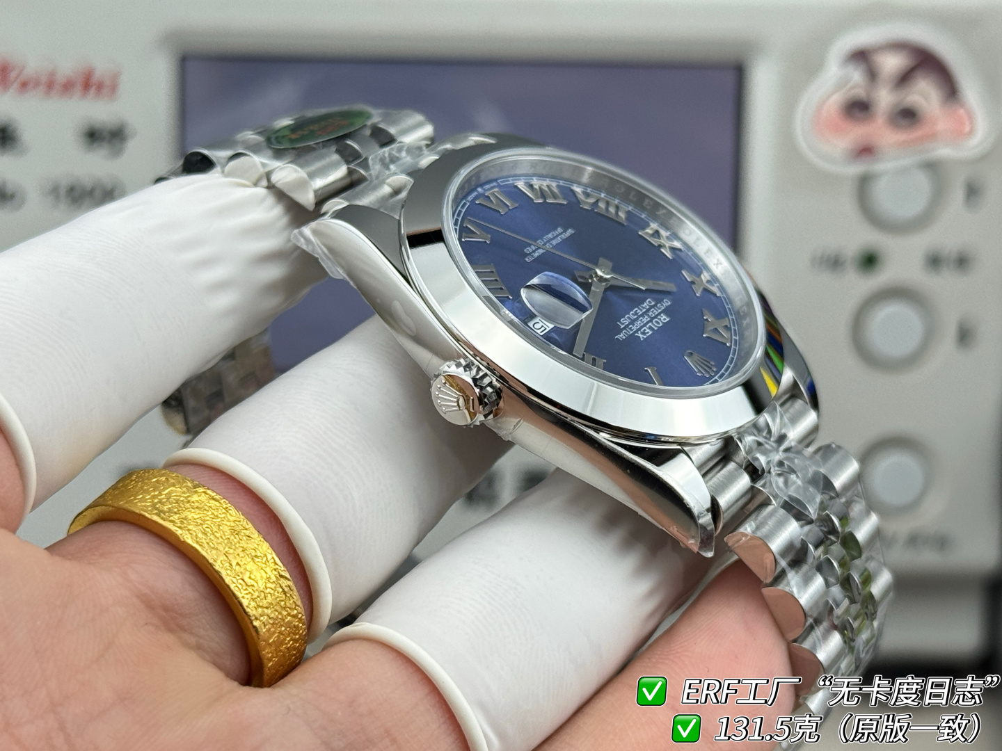 ERF“无卡度日志”最新日志型DATEJUST41系列——131.5克增重版（官方整表重量约133克左右）全新一代无卡度Cal.3235机芯，突破传统工艺极限，蓝色游丝+无卡度惯性调校结构（砝码调校思路），摆轮区结构观感与技术路线无限贴近原装 Cal.3235的核心特征，夹板全新升级打磨不仅让人眼前一亮，并且稳定性与仿真度显著提升