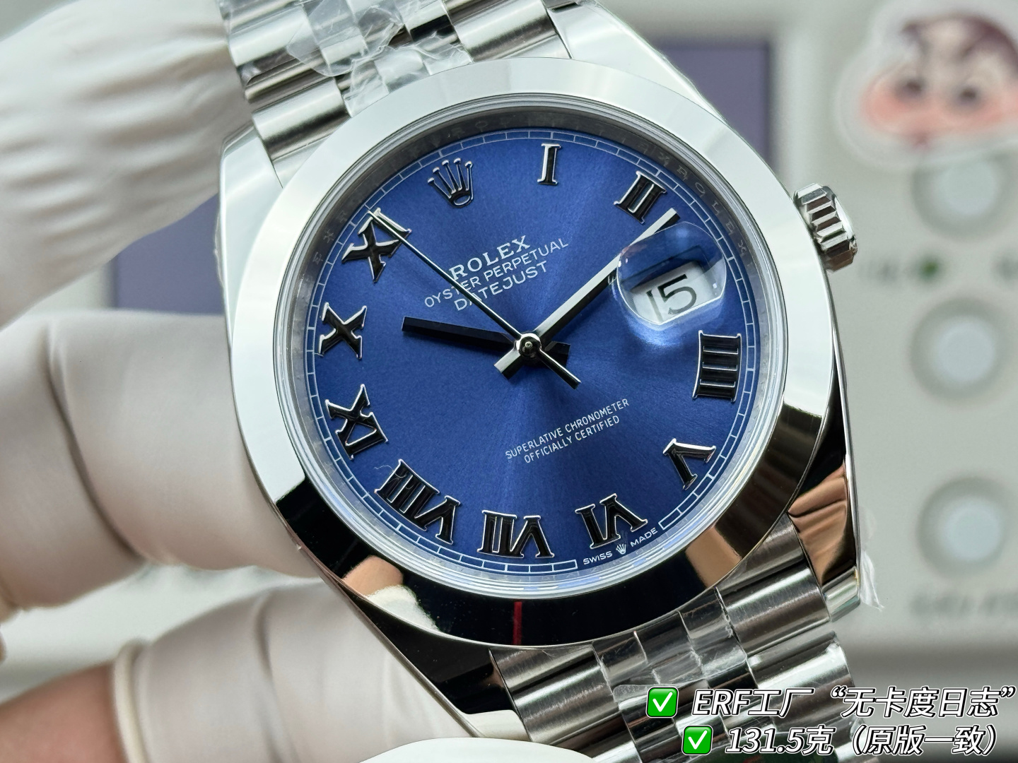 ERF“无卡度日志”最新日志型DATEJUST41系列——131.5克增重版（官方整表重量约133克左右）全新一代无卡度Cal.3235机芯，突破传统工艺极限，蓝色游丝+无卡度惯性调校结构（砝码调校思路），摆轮区结构观感与技术路线无限贴近原装 Cal.3235的核心特征，夹板全新升级打磨不仅让人眼前一亮，并且稳定性与仿真度显著提升