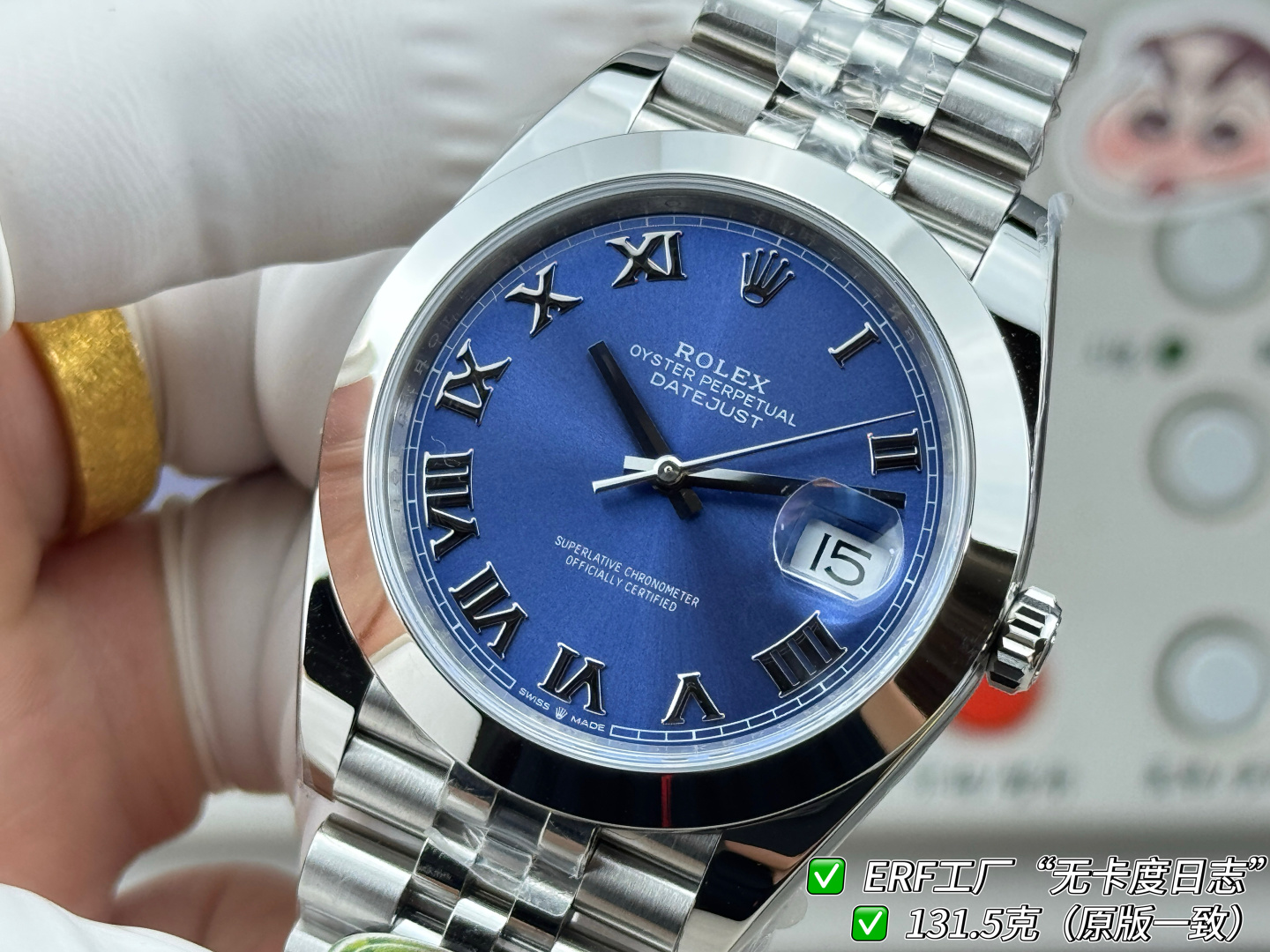 ERF“无卡度日志”最新日志型DATEJUST41系列——131.5克增重版（官方整表重量约133克左右）全新一代无卡度Cal.3235机芯，突破传统工艺极限，蓝色游丝+无卡度惯性调校结构（砝码调校思路），摆轮区结构观感与技术路线无限贴近原装 Cal.3235的核心特征，夹板全新升级打磨不仅让人眼前一亮，并且稳定性与仿真度显著提升