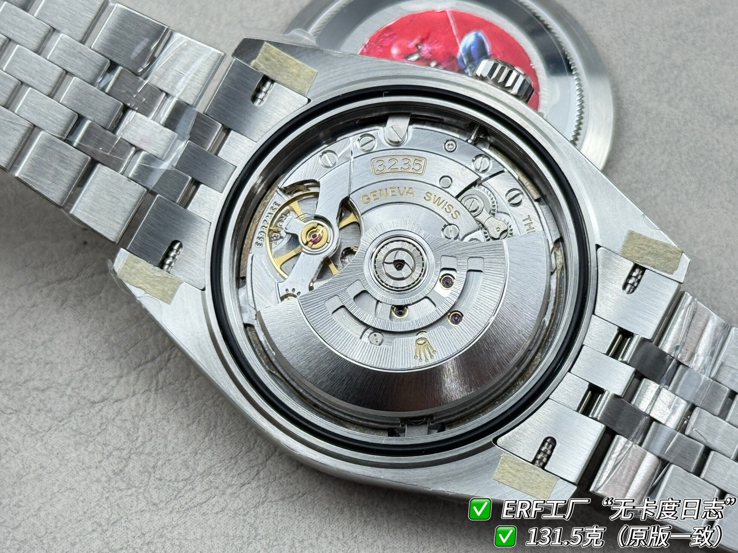 ERF“无卡度日志”最新日志型DATEJUST41系列——131.5克增重版（官方整表重量约133克左右）全新一代无卡度Cal.3235机芯，突破传统工艺极限，蓝色游丝+无卡度惯性调校结构（砝码调校思路），摆轮区结构观感与技术路线无限贴近原装 Cal.3235的核心特征，夹板全新升级打磨不仅让人眼前一亮，并且稳定性与仿真度显著提升