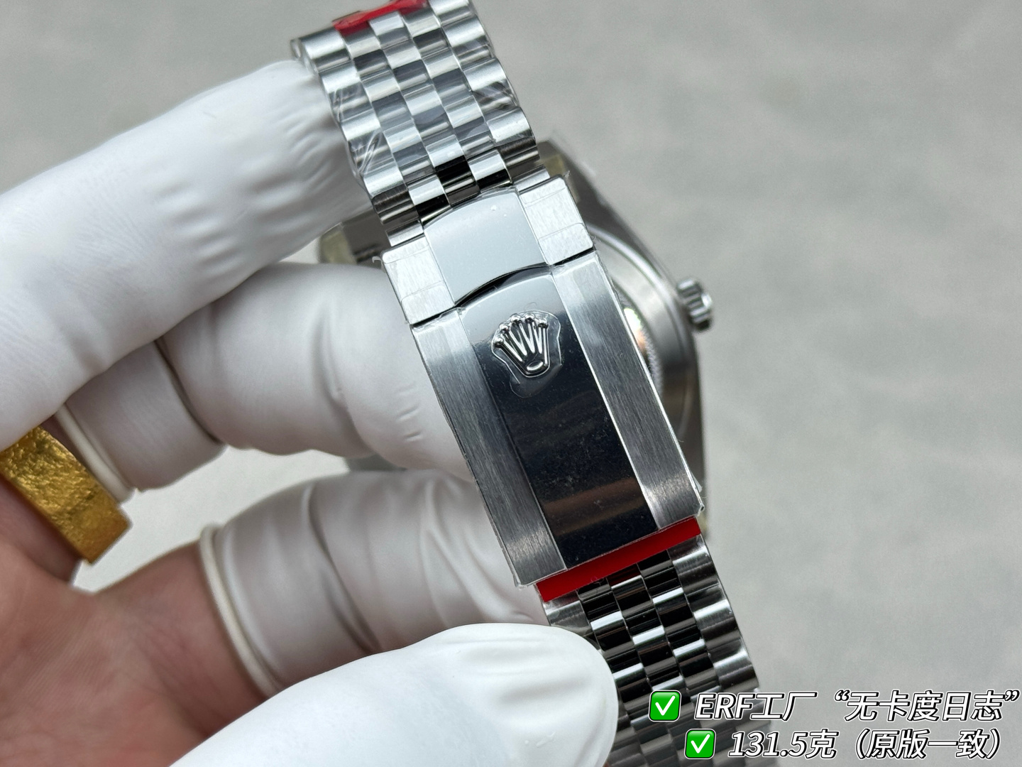 ERF“无卡度日志”最新日志型DATEJUST41系列——131.5克增重版（官方整表重量约133克左右）全新一代无卡度Cal.3235机芯，突破传统工艺极限，蓝色游丝+无卡度惯性调校结构（砝码调校思路），摆轮区结构观感与技术路线无限贴近原装 Cal.3235的核心特征，夹板全新升级打磨不仅让人眼前一亮，并且稳定性与仿真度显著提升