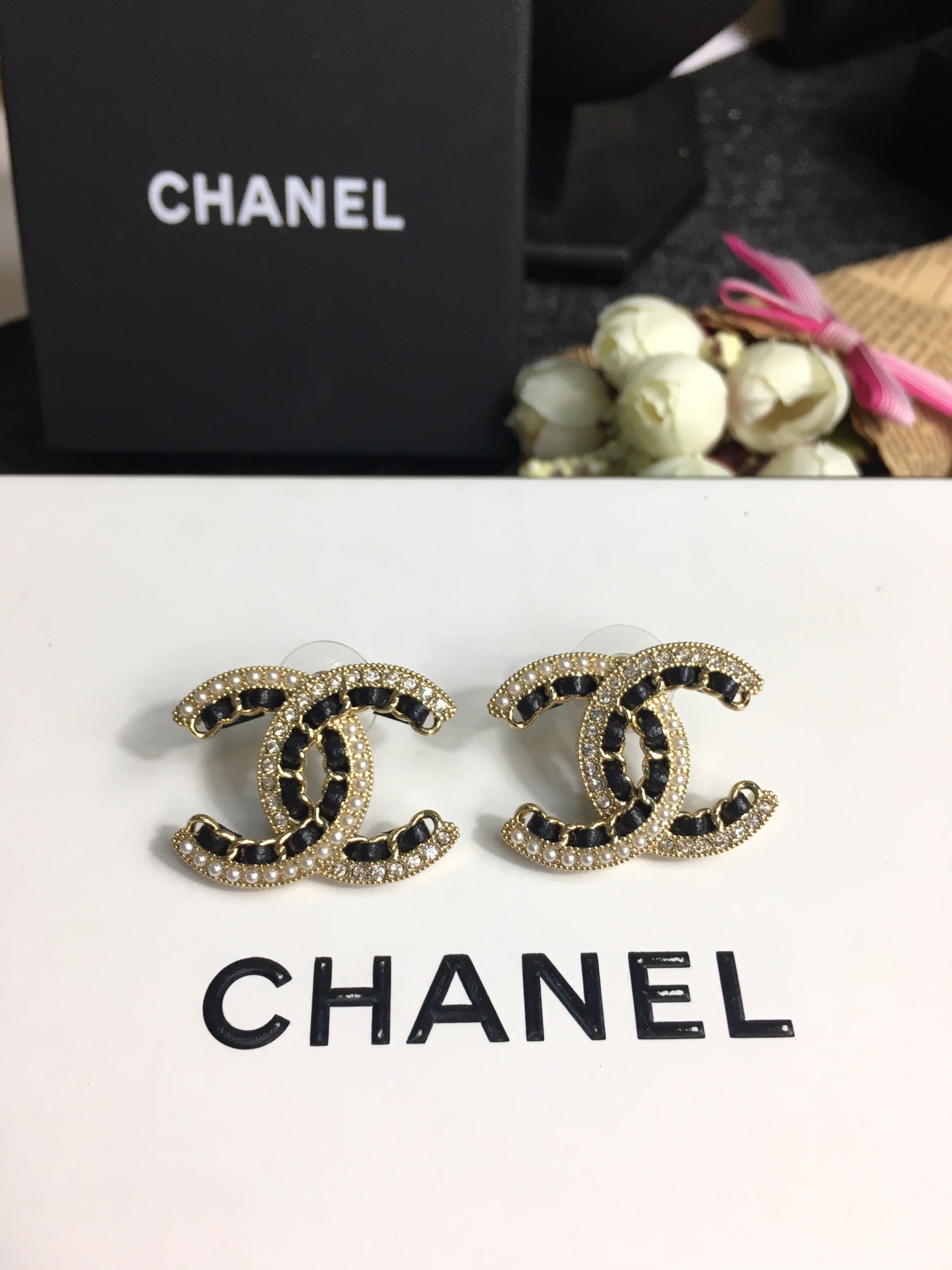 Chanel Earrings Pearl Black L