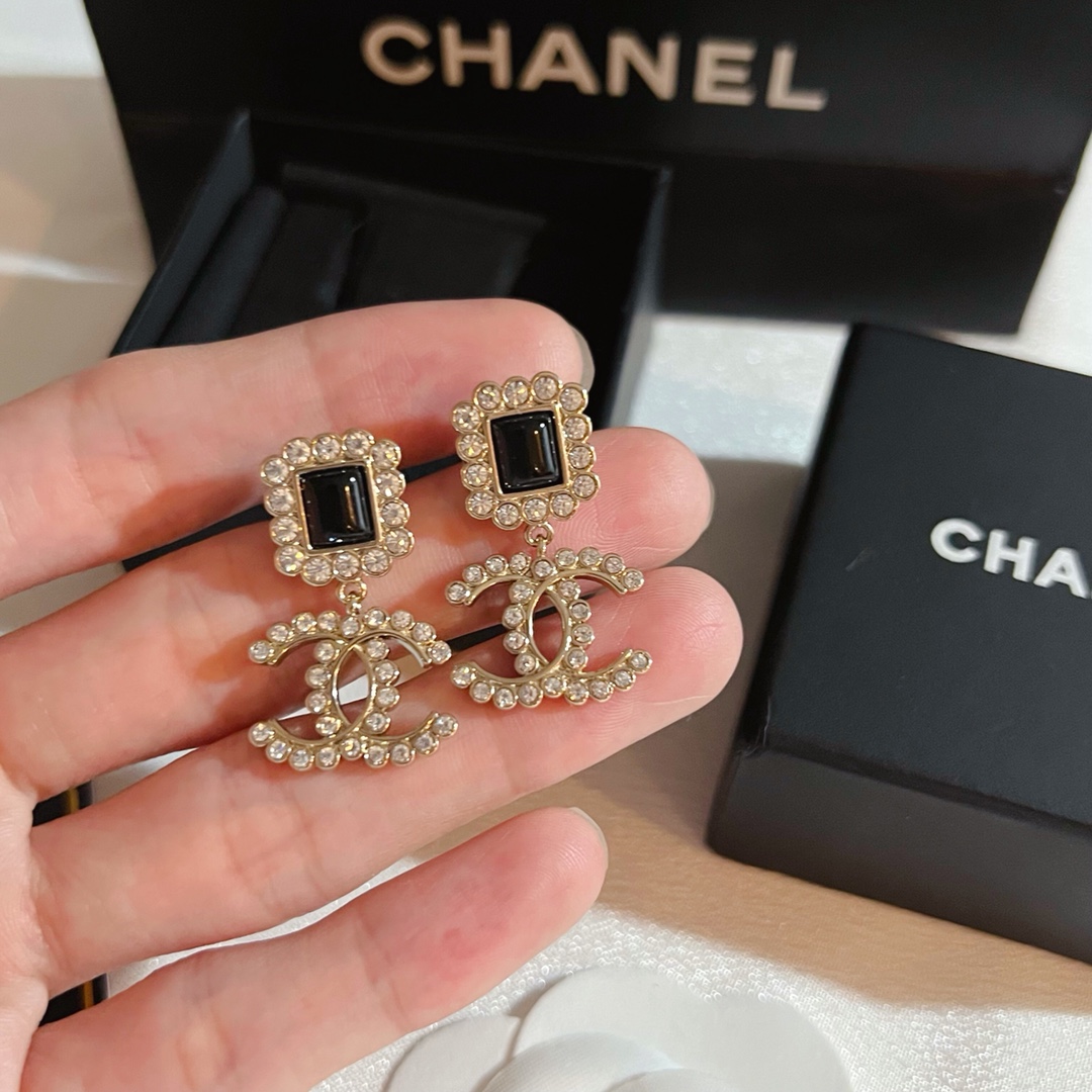 Chanel Earrings Silver Black