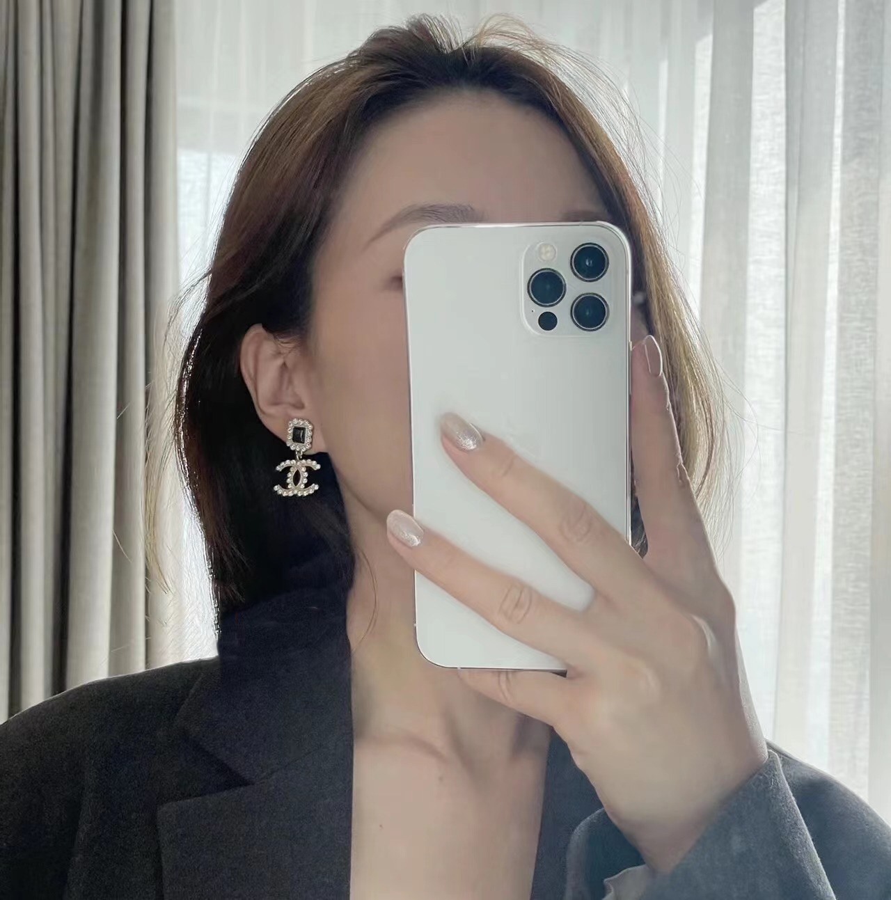 Chanel Earrings Silver Black