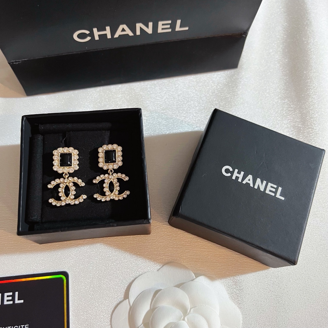Chanel Earrings Silver Black