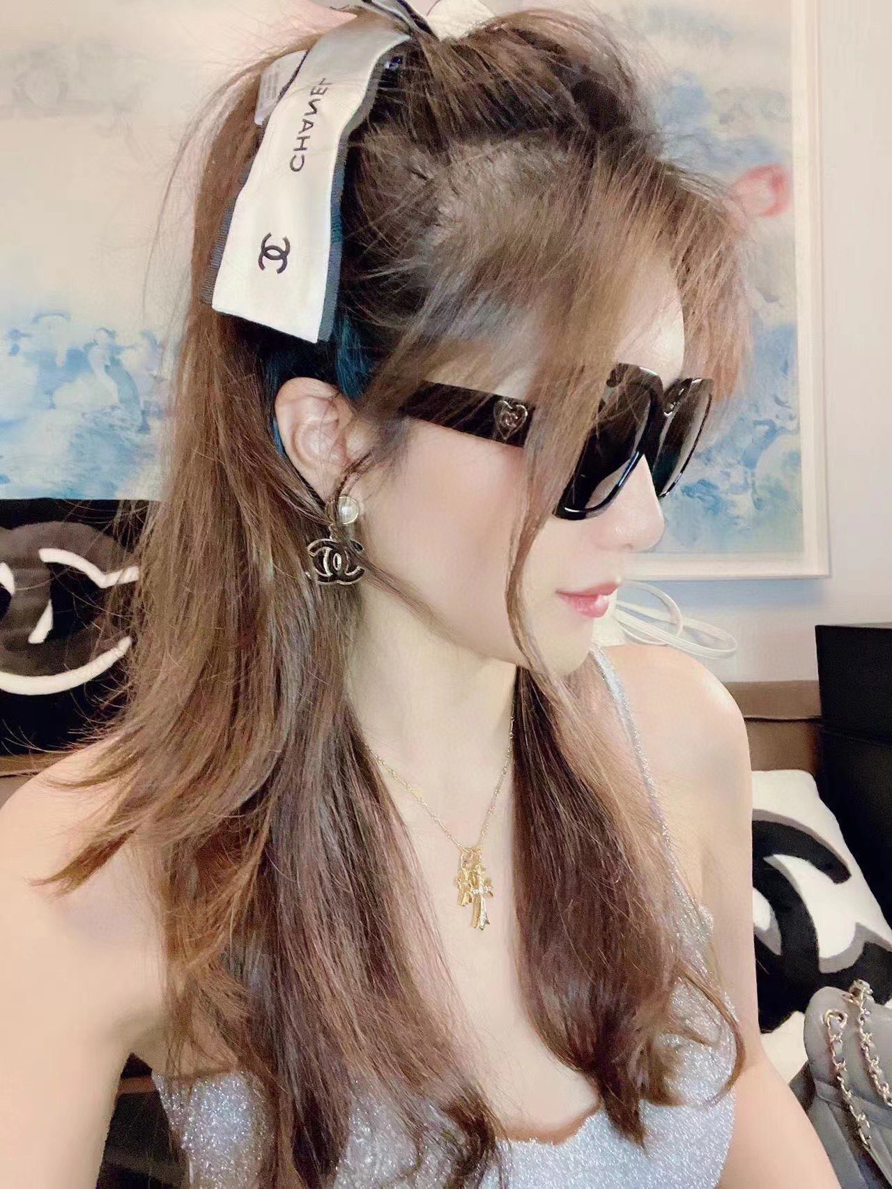 Chanel Earrings Pearl Black