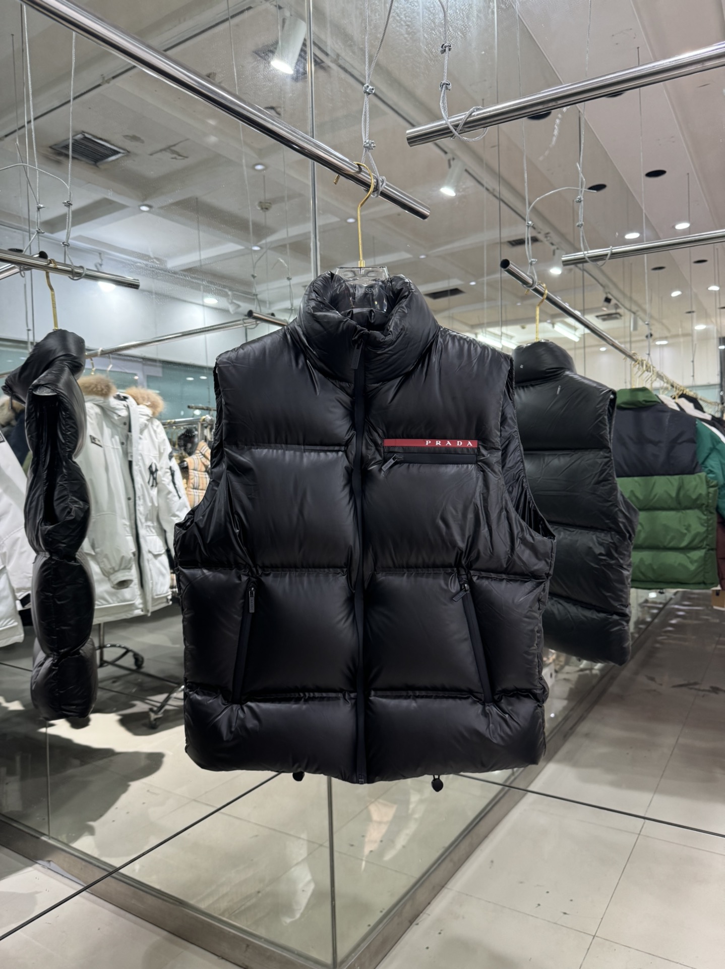 Prada Down Vest Polyester Black Hooded S-l-xl