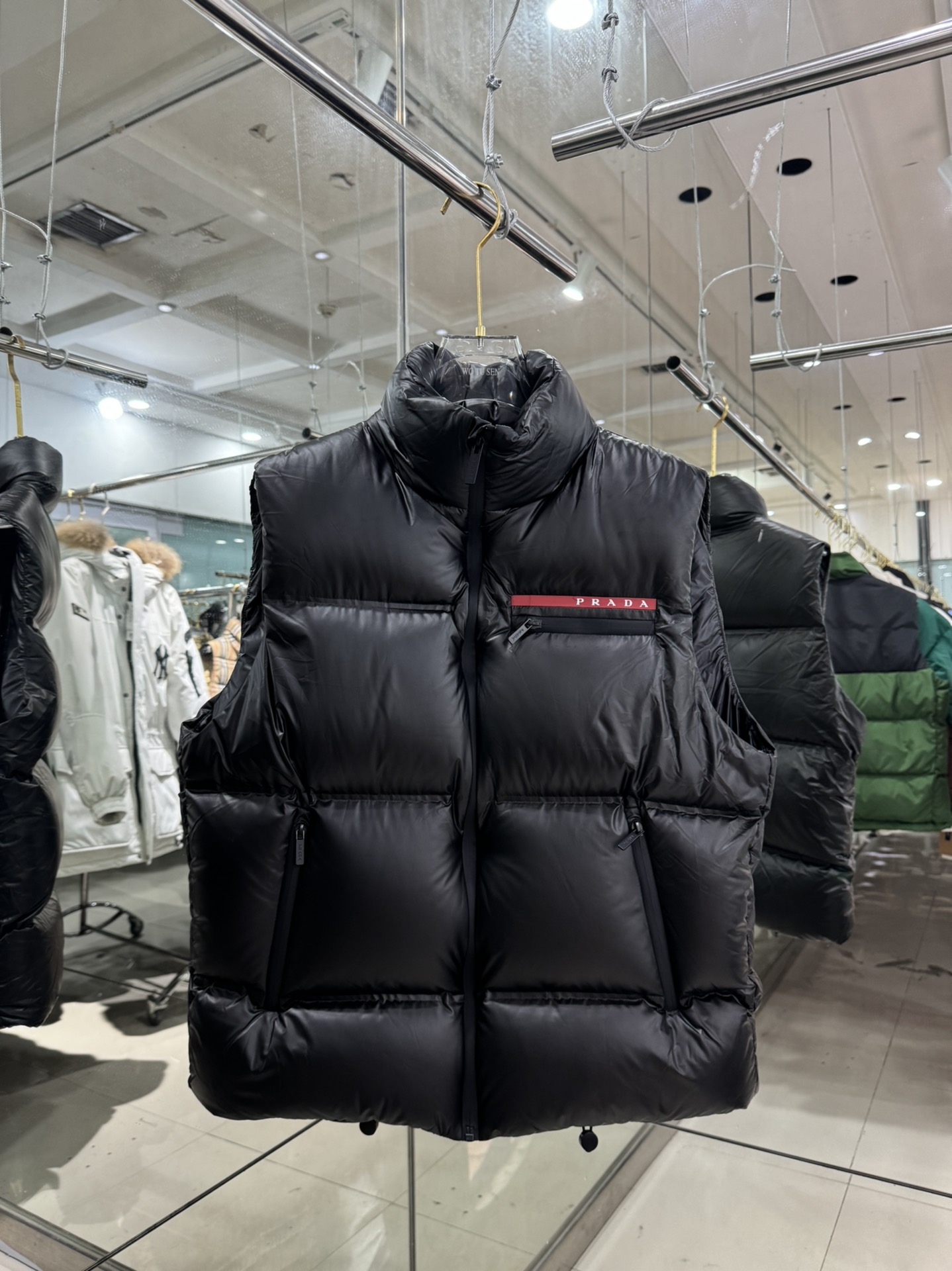 Prada Down Vest Polyester Black Hooded S-l-xl