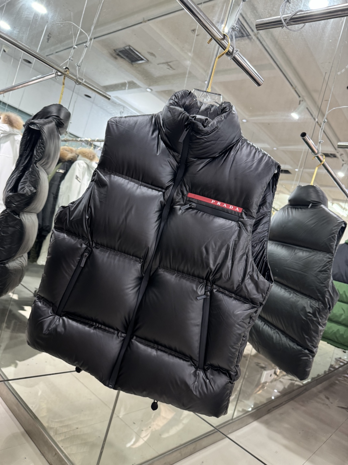 Prada Down Vest Polyester Black Hooded S-l-xl