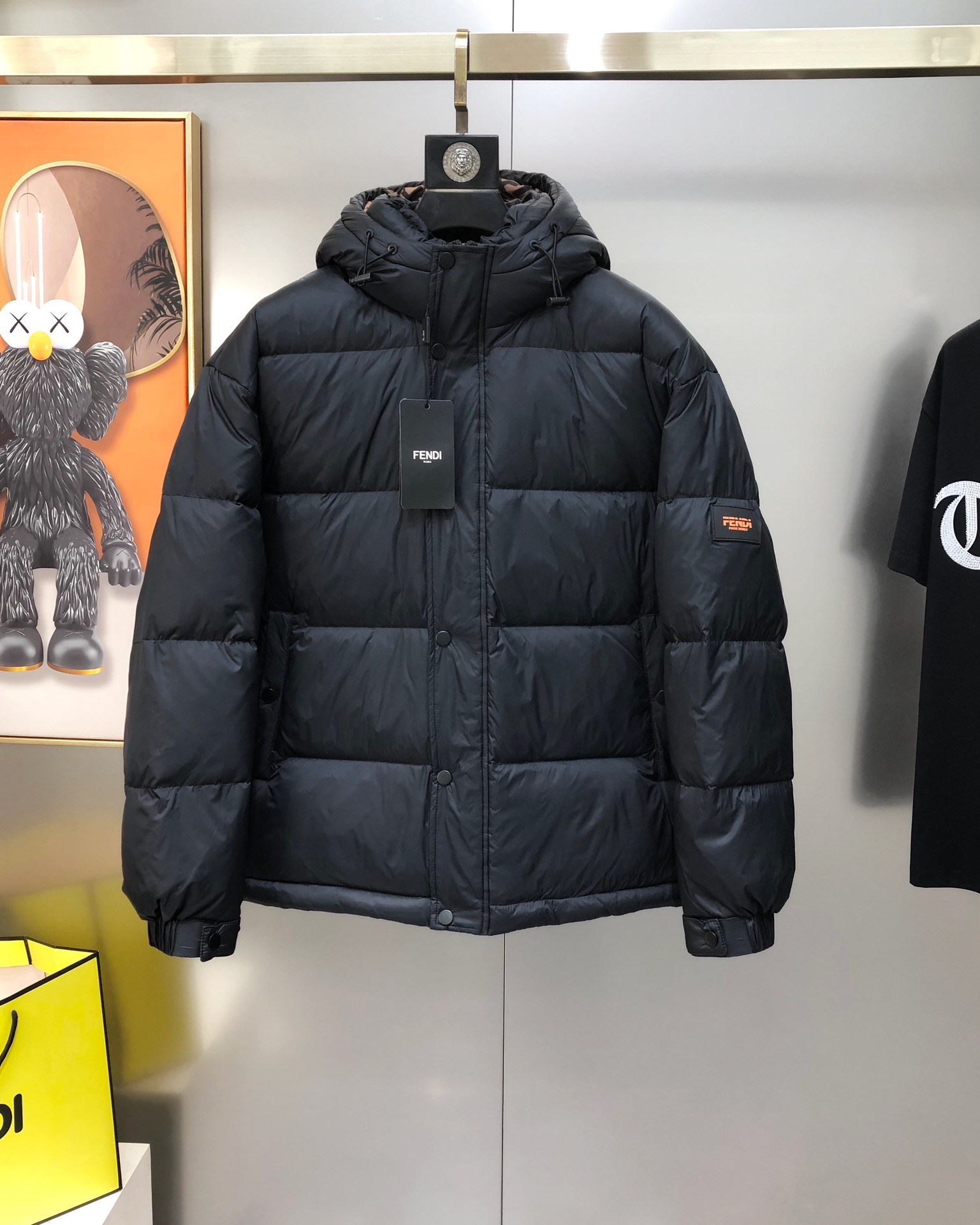 Fendi Male Down Jacket White Duck Down Black Hooded M-l-xl