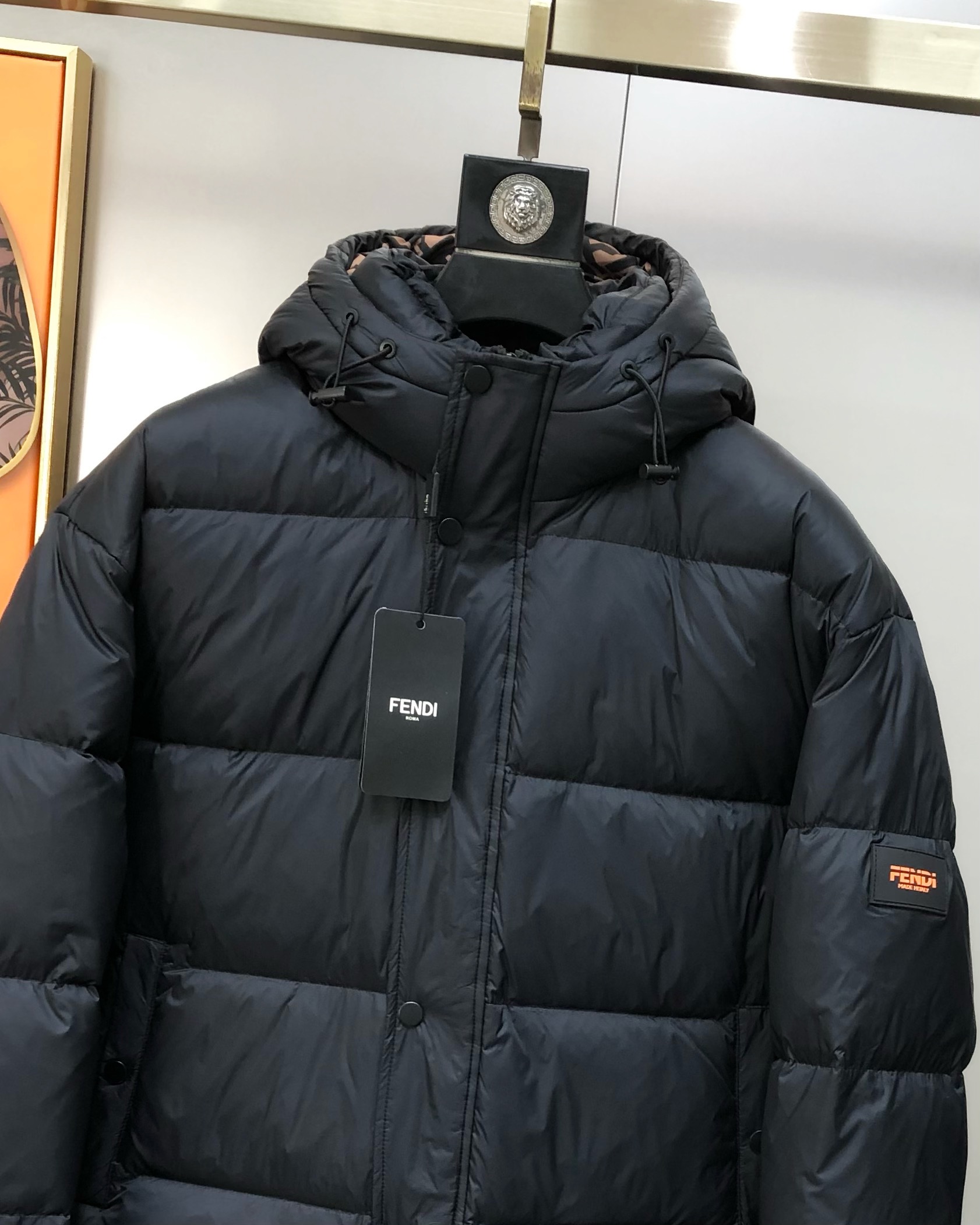 Fendi Male Down Jacket White Duck Down Black Hooded M-l-xl