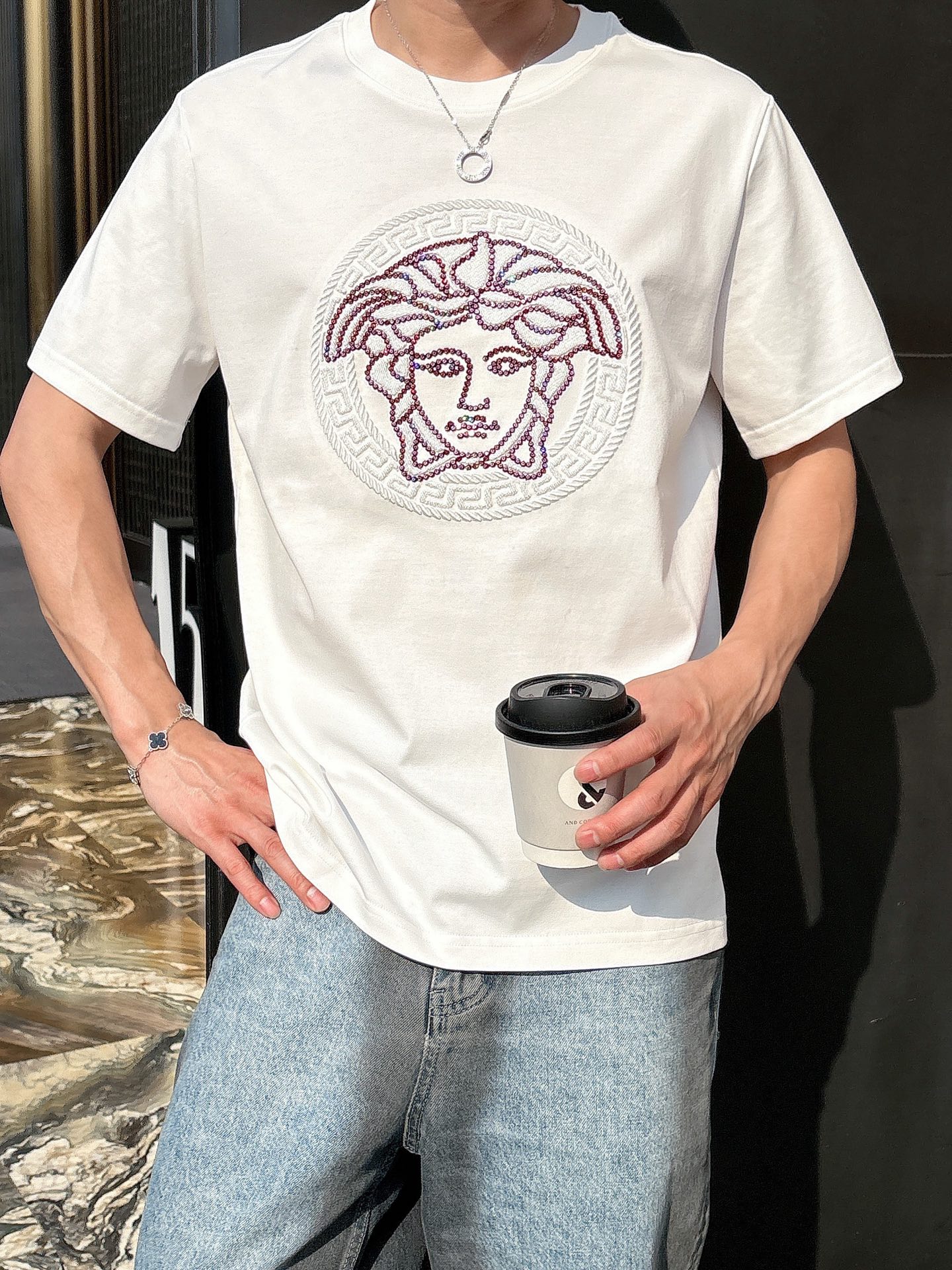 Versace Couple Basic Clothing Cotton Black Loose Fit S-l-xl