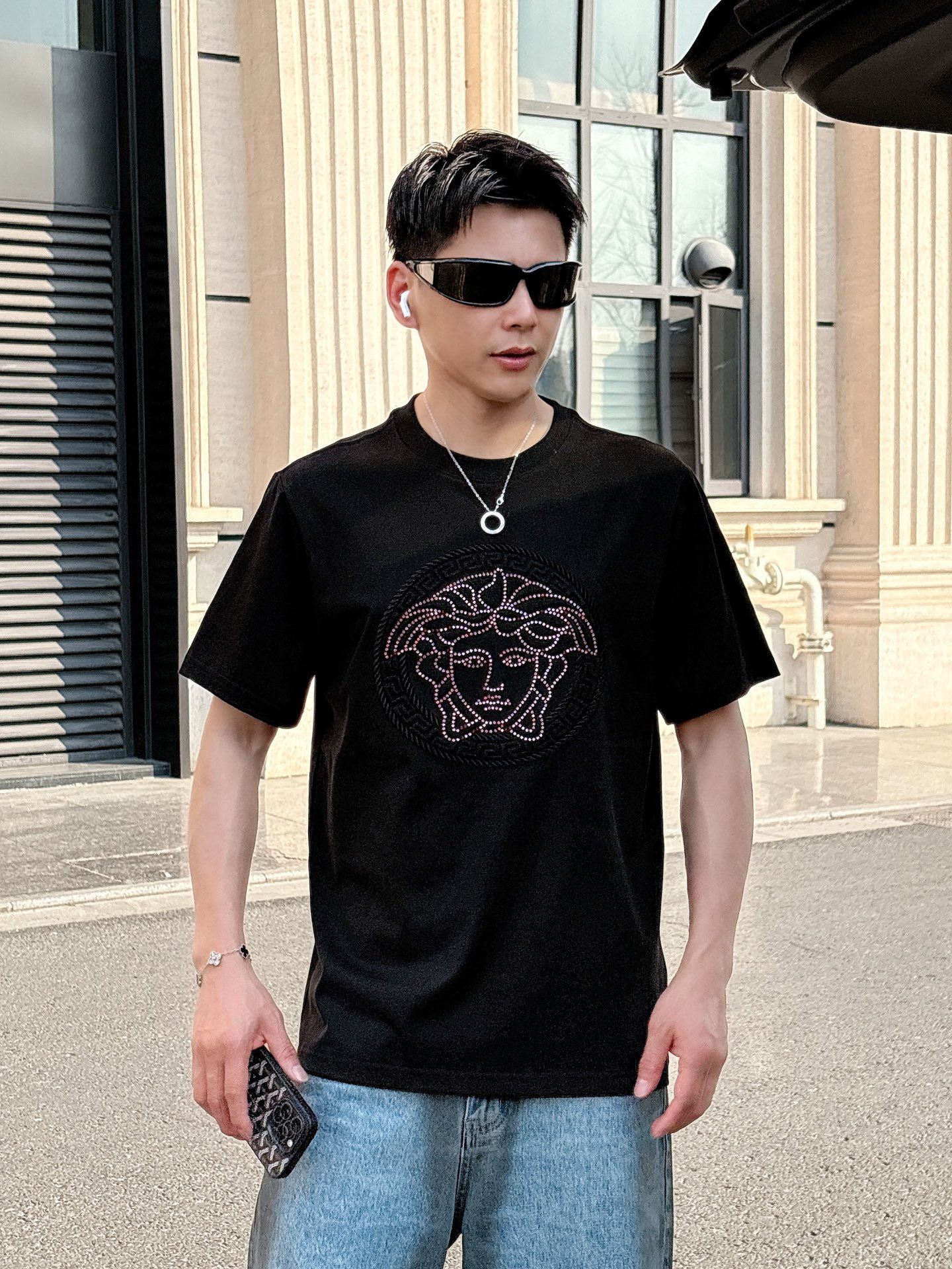 Versace Couple Basic Clothing Cotton Black Loose Fit S-l-xl