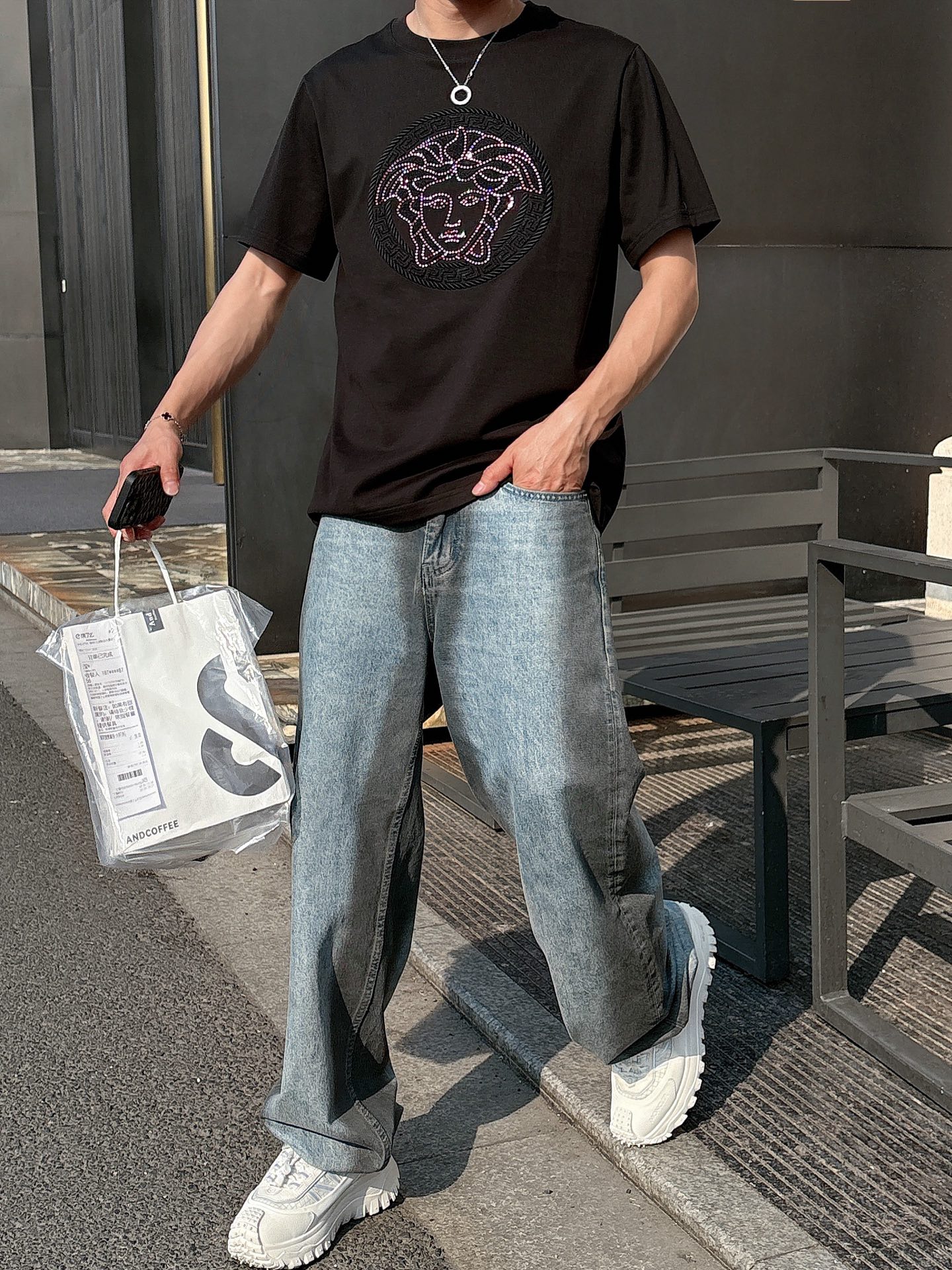Versace Couple Basic Clothing Cotton Black Loose Fit S-l-xl