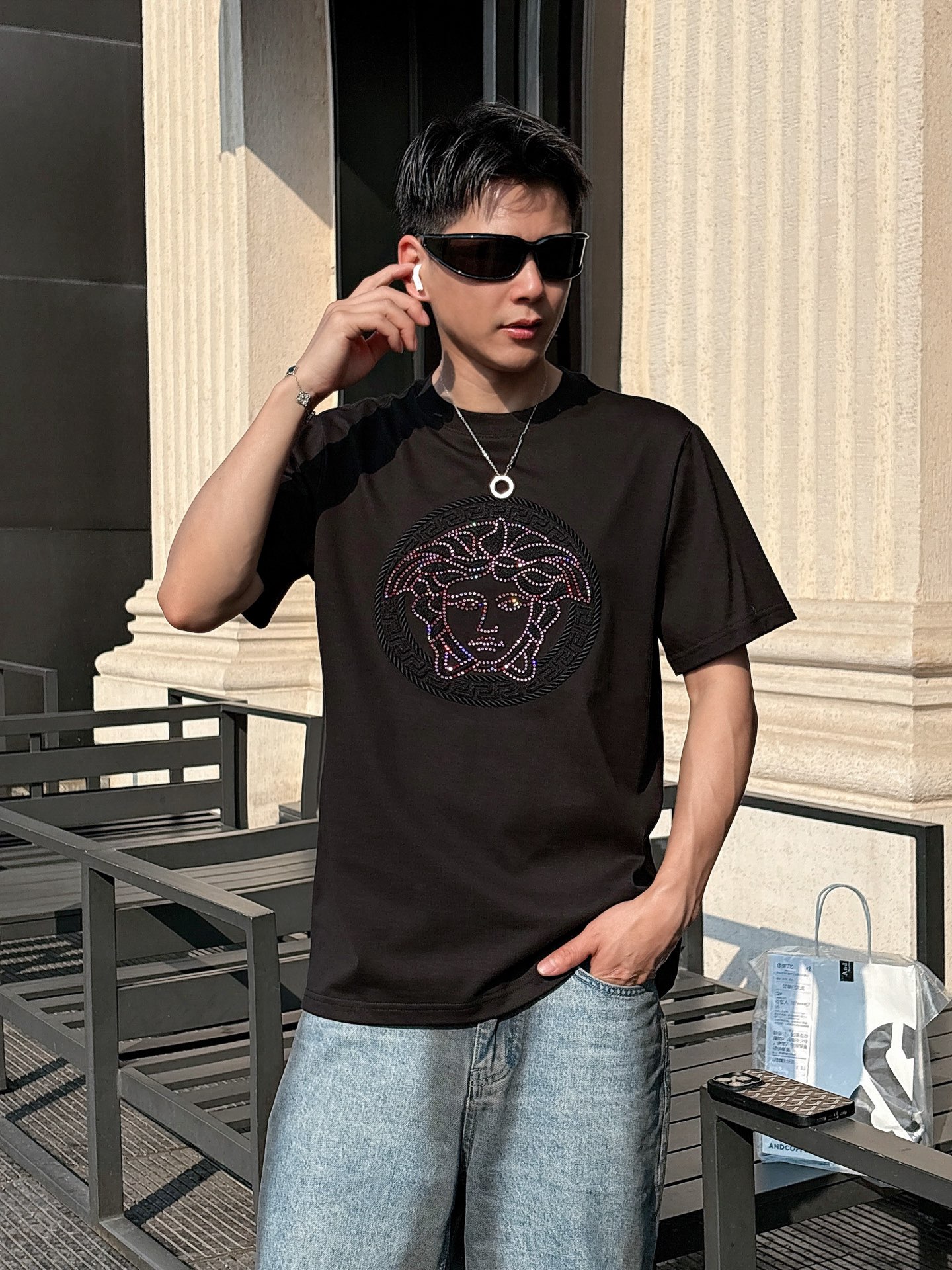 Versace Couple Basic Clothing Cotton Black Loose Fit S-l-xl