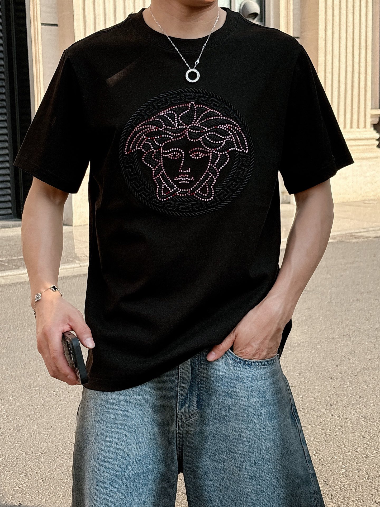 Versace Couple Basic Clothing Cotton Black Loose Fit S-l-xl