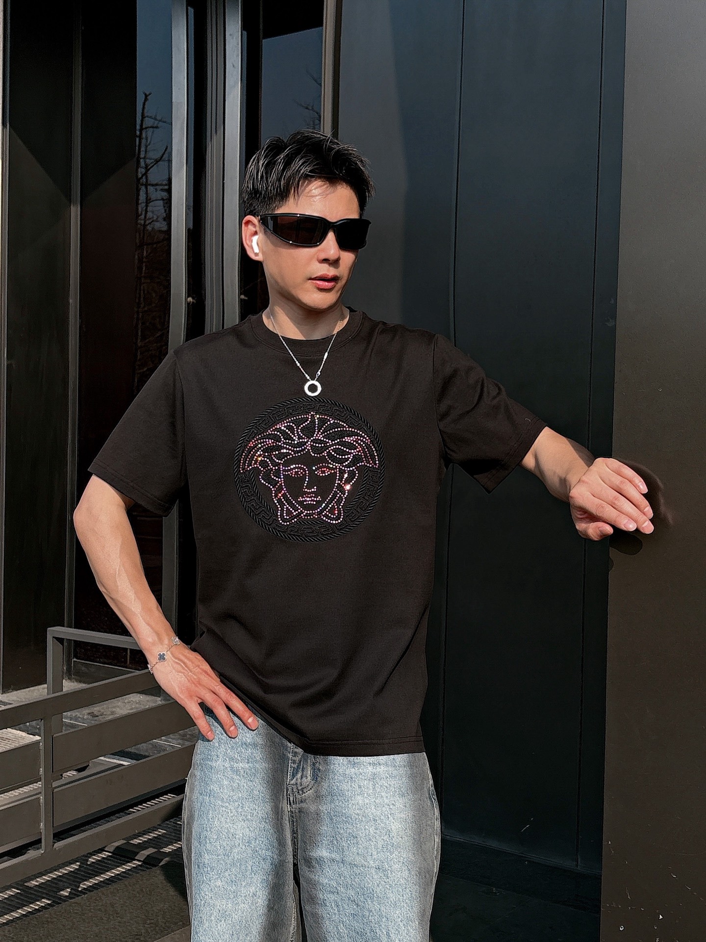 Versace Couple Basic Clothing Cotton Black Loose Fit S-l-xl
