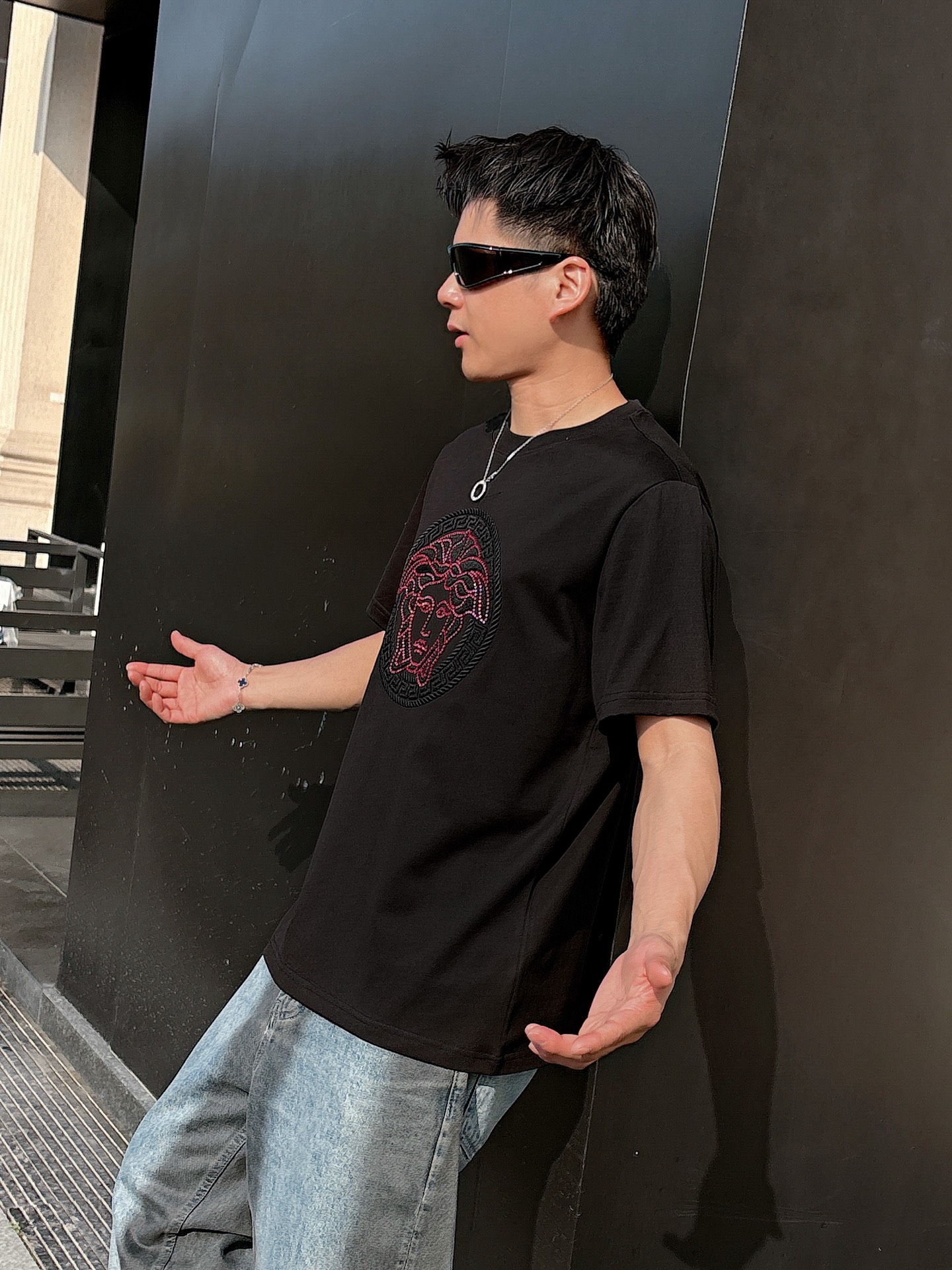 Versace Couple Basic Clothing Cotton Black Loose Fit S-l-xl