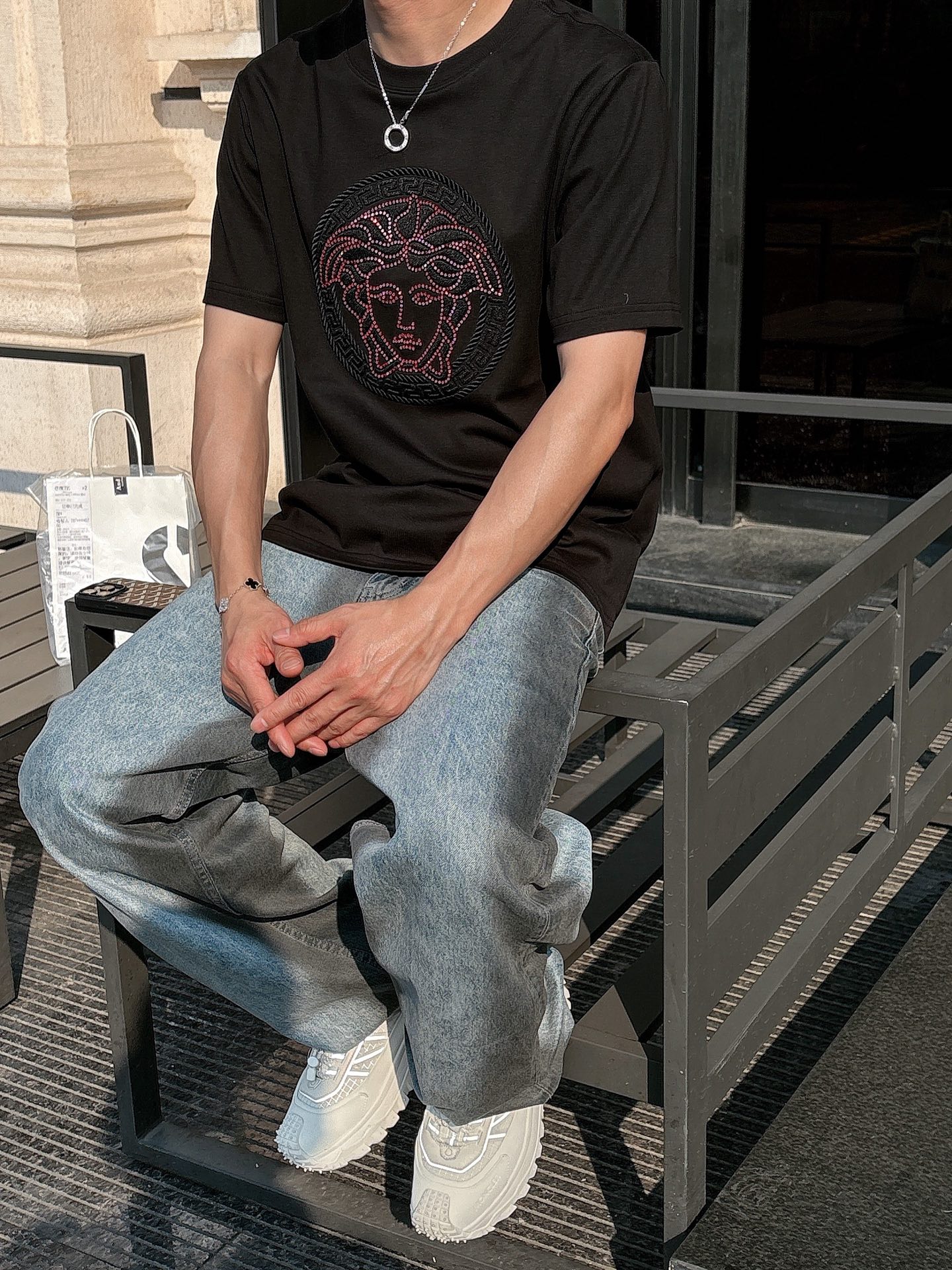 Versace Couple Basic Clothing Cotton Black Loose Fit S-l-xl