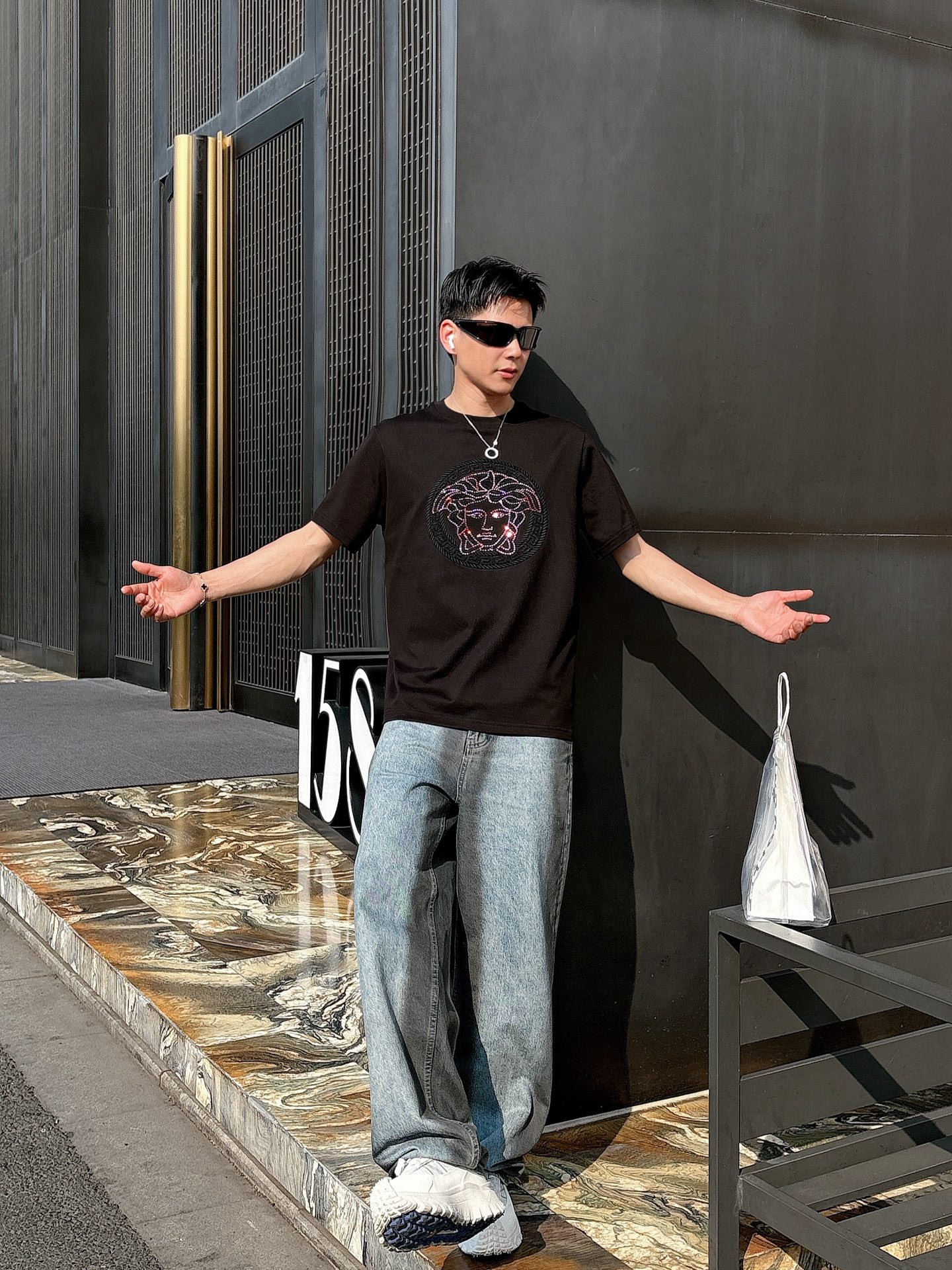Versace Couple Basic Clothing Cotton Black Loose Fit S-l-xl