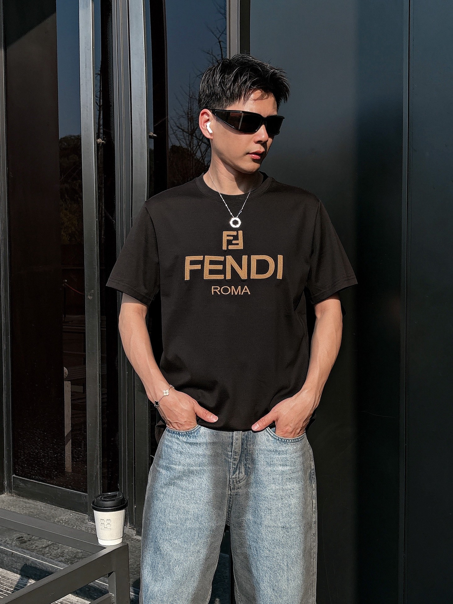 Fendi Couple Basic Clothing Cotton Black Loose Fit S-l-xl