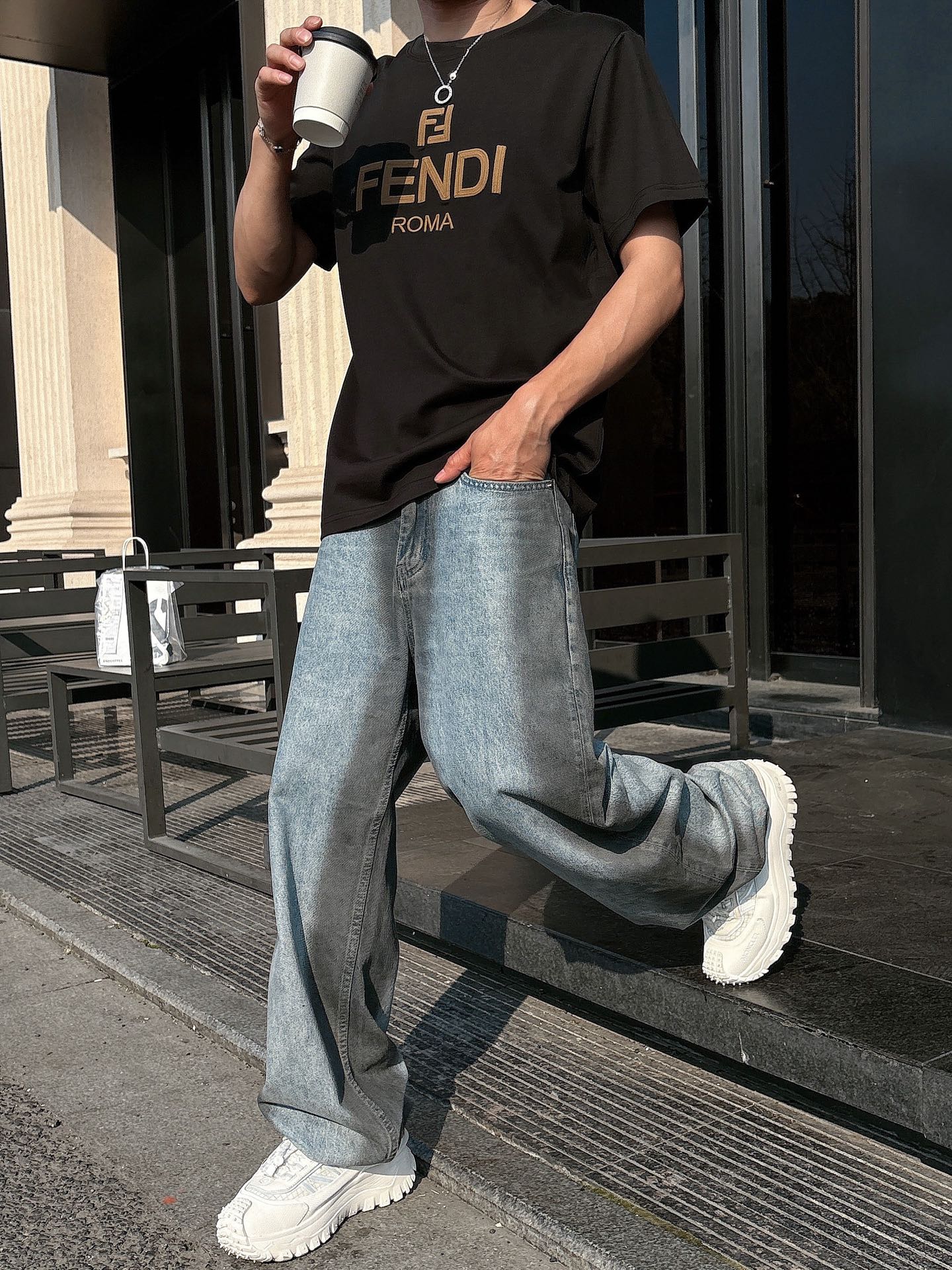 Fendi Couple Basic Clothing Cotton Black Loose Fit S-l-xl