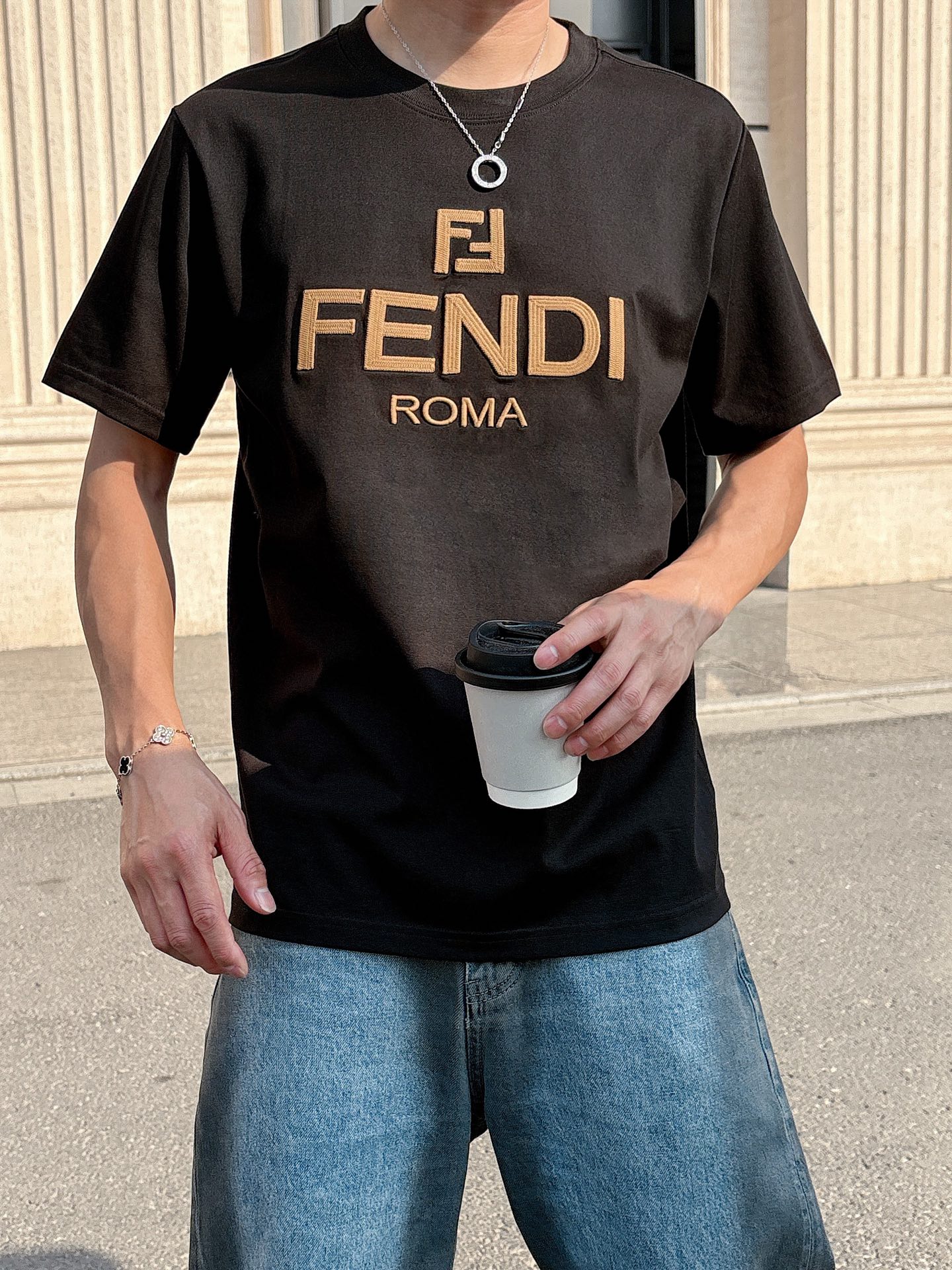 Fendi Couple Basic Clothing Cotton Black Loose Fit S-l-xl