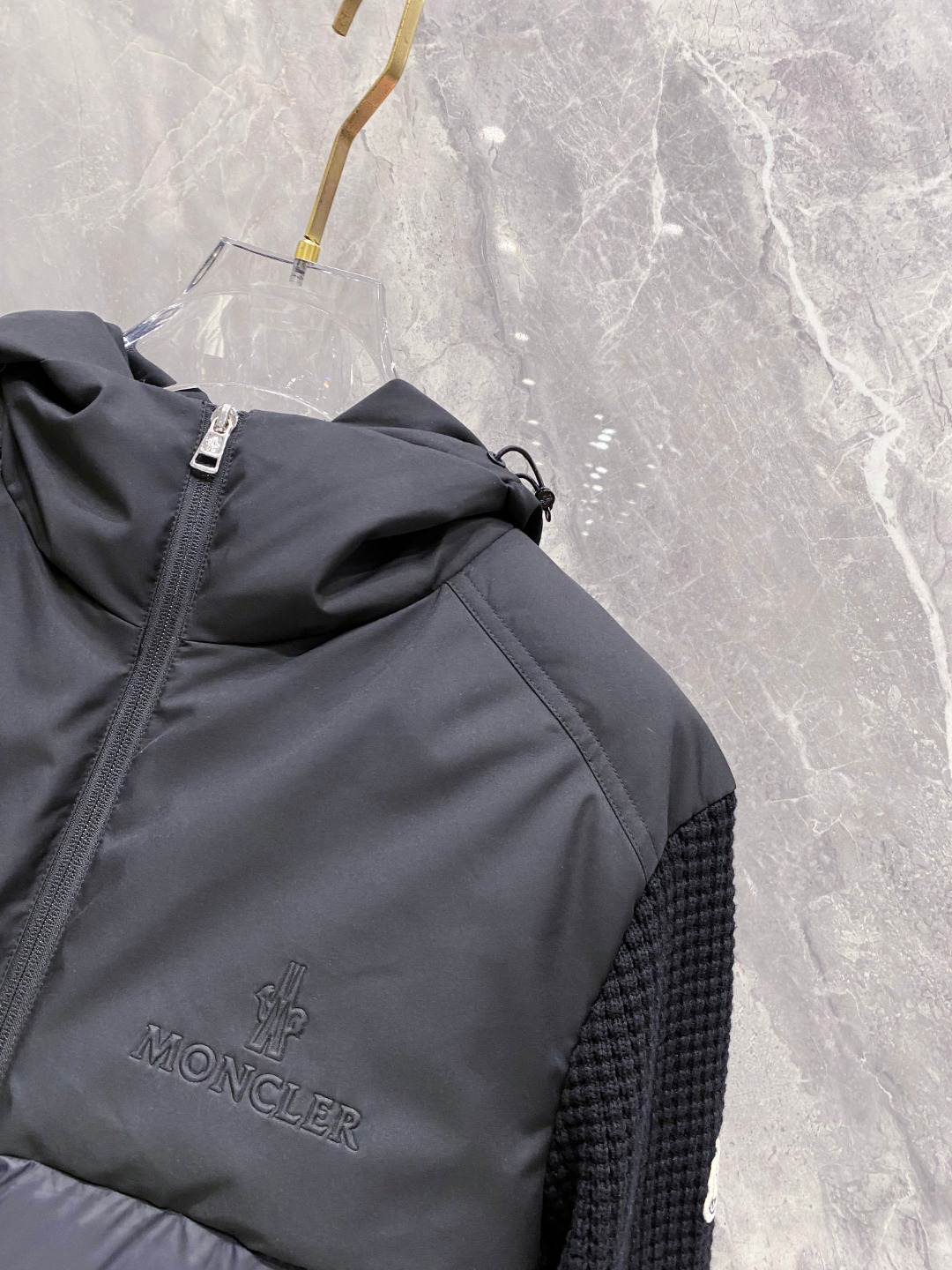 Moncler Down Jacket Knitted Black Hooded M-l