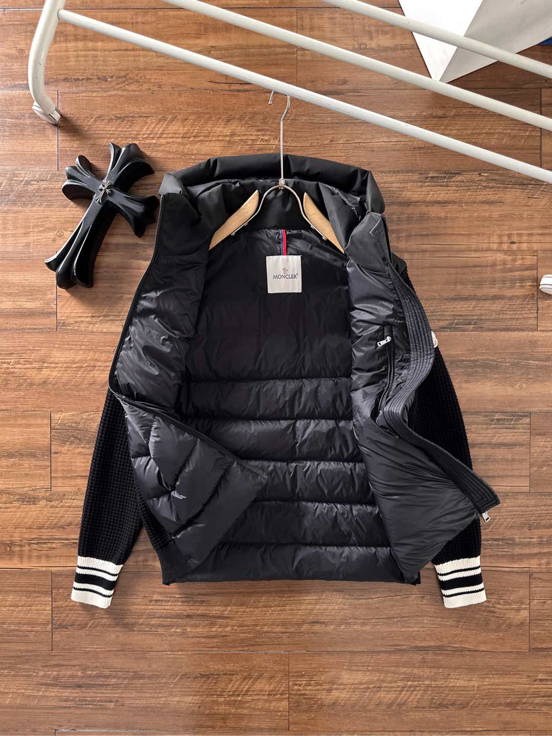 Moncler Down Jacket Knitted Black Hooded M-l