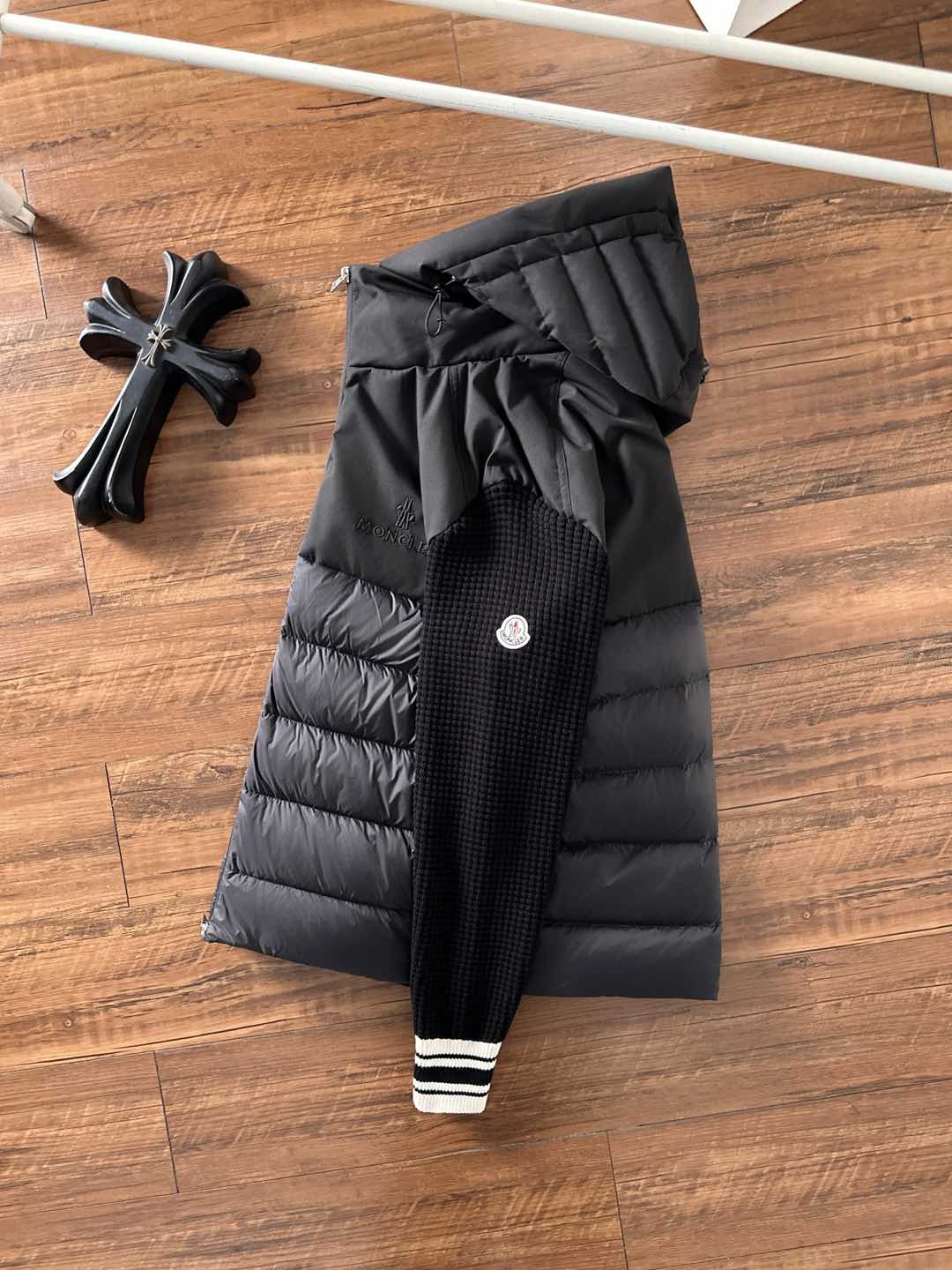 Moncler Down Jacket Knitted Black Hooded M-l