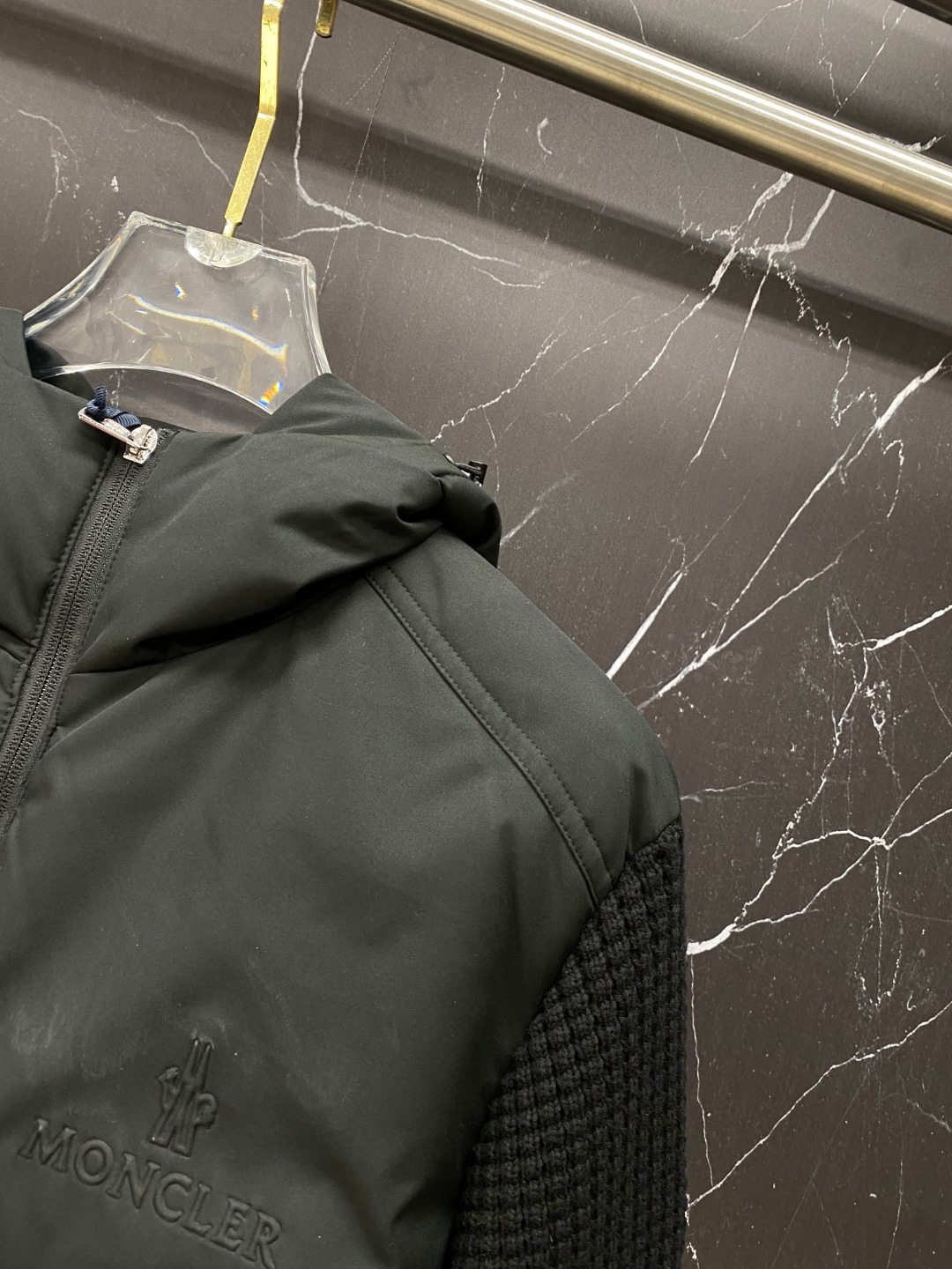 Moncler Down Jacket Knitted Black Hooded M-l