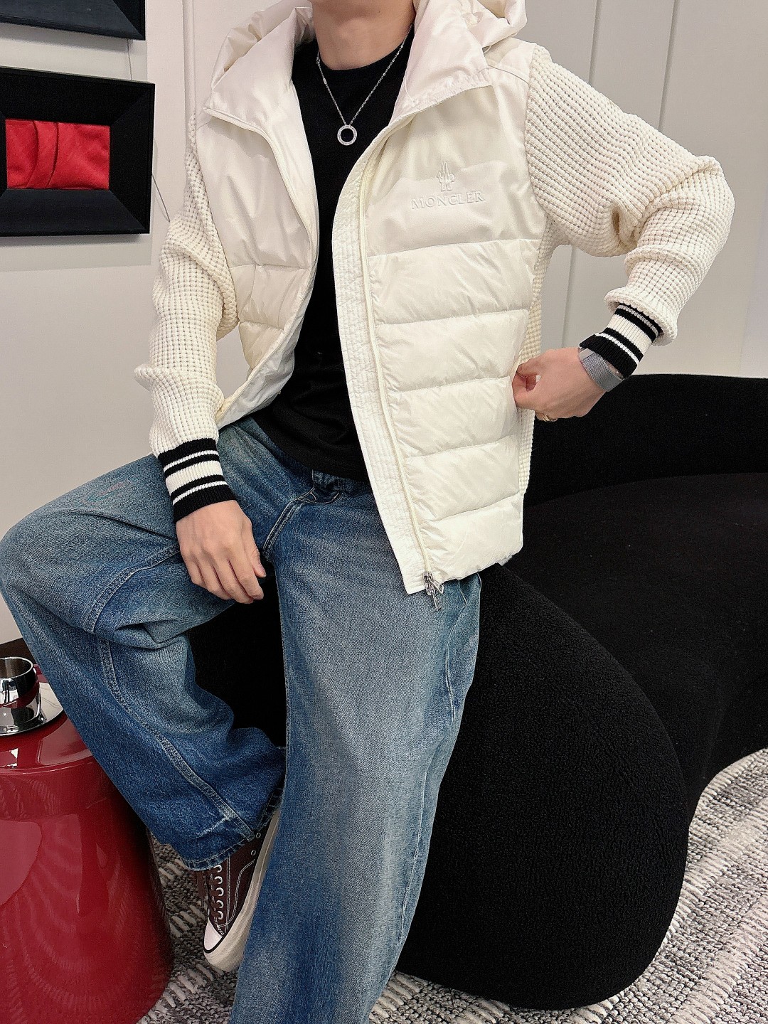 Moncler Down Jacket Knitted Black Hooded M-l