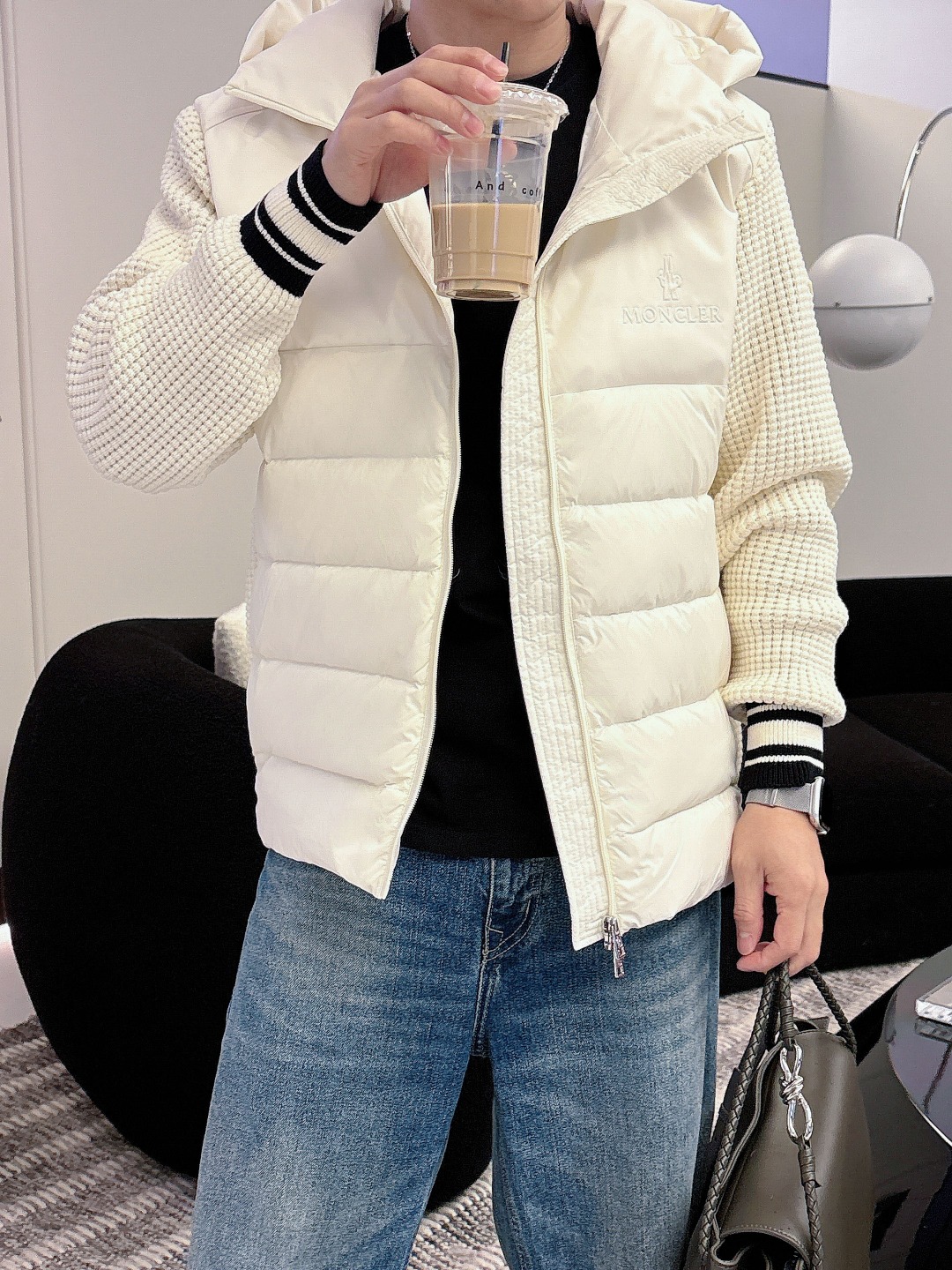 Moncler Down Jacket Knitted Black Hooded M-l