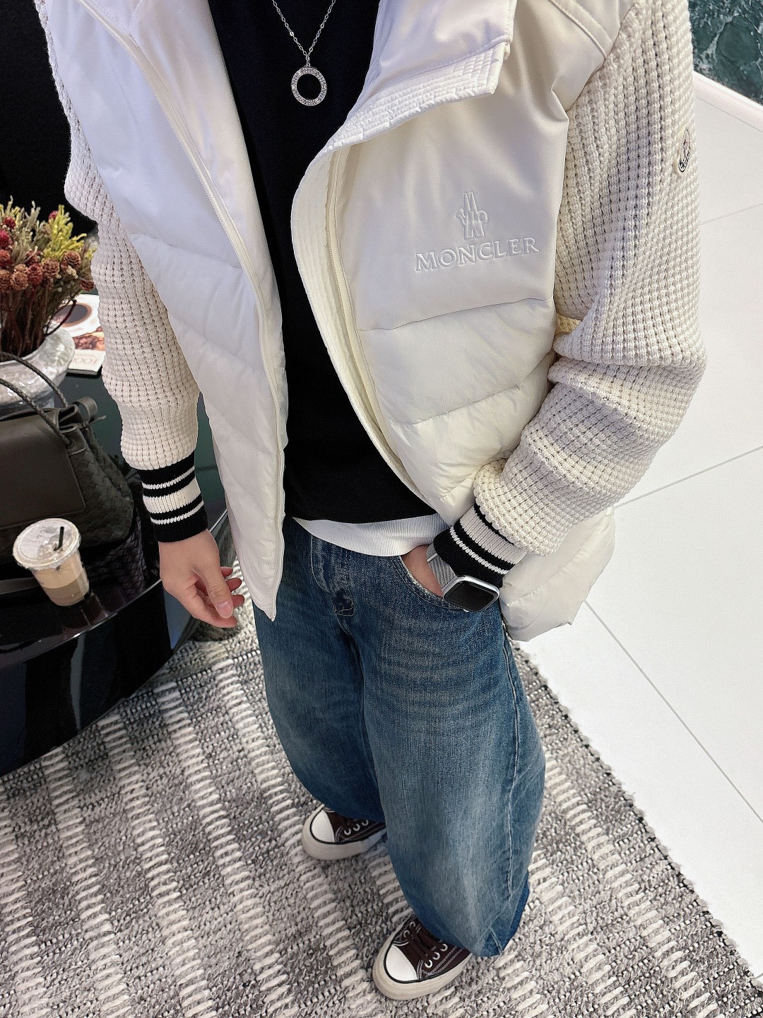 Moncler Down Jacket Knitted Black Hooded M-l
