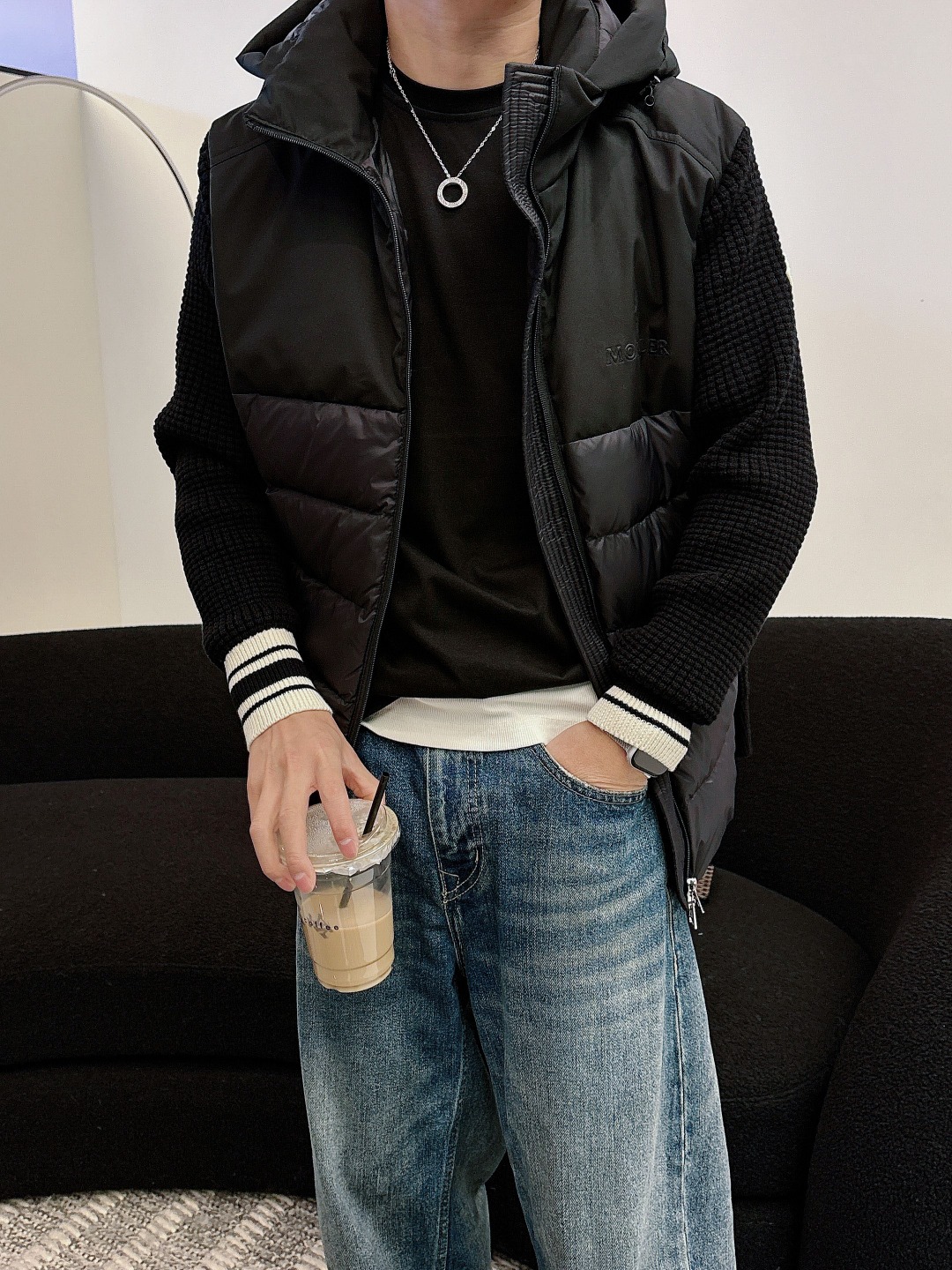 Moncler Down Jacket Knitted Black Hooded M-l