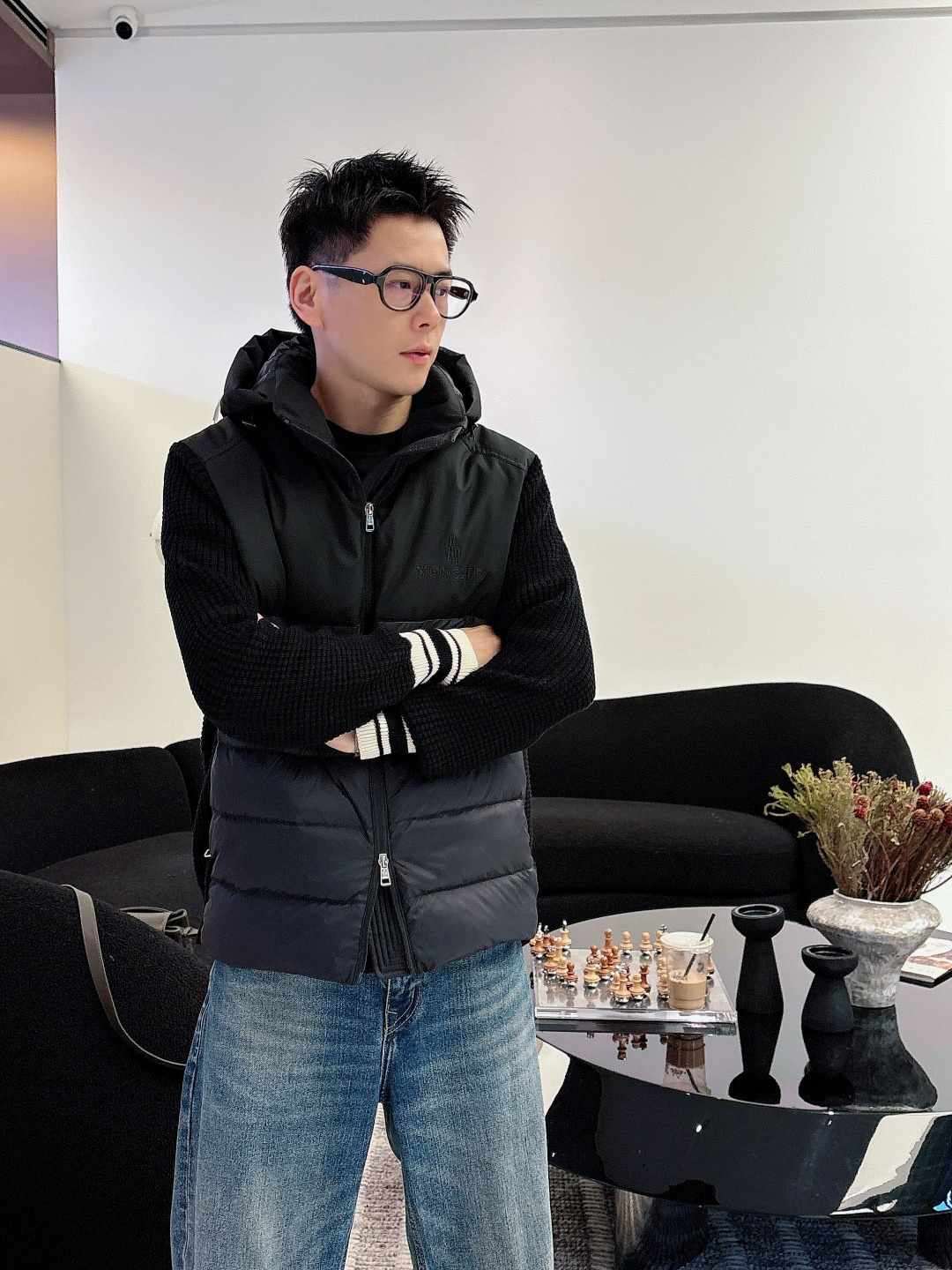 Moncler Down Jacket Knitted Black Hooded M-l