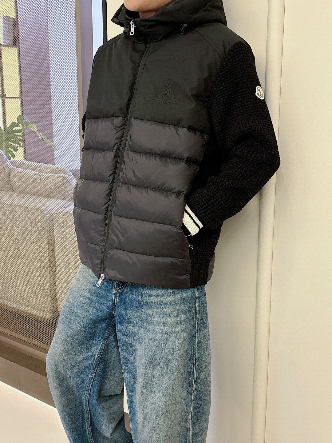 Moncler Down Jacket Knitted Black Hooded M-l