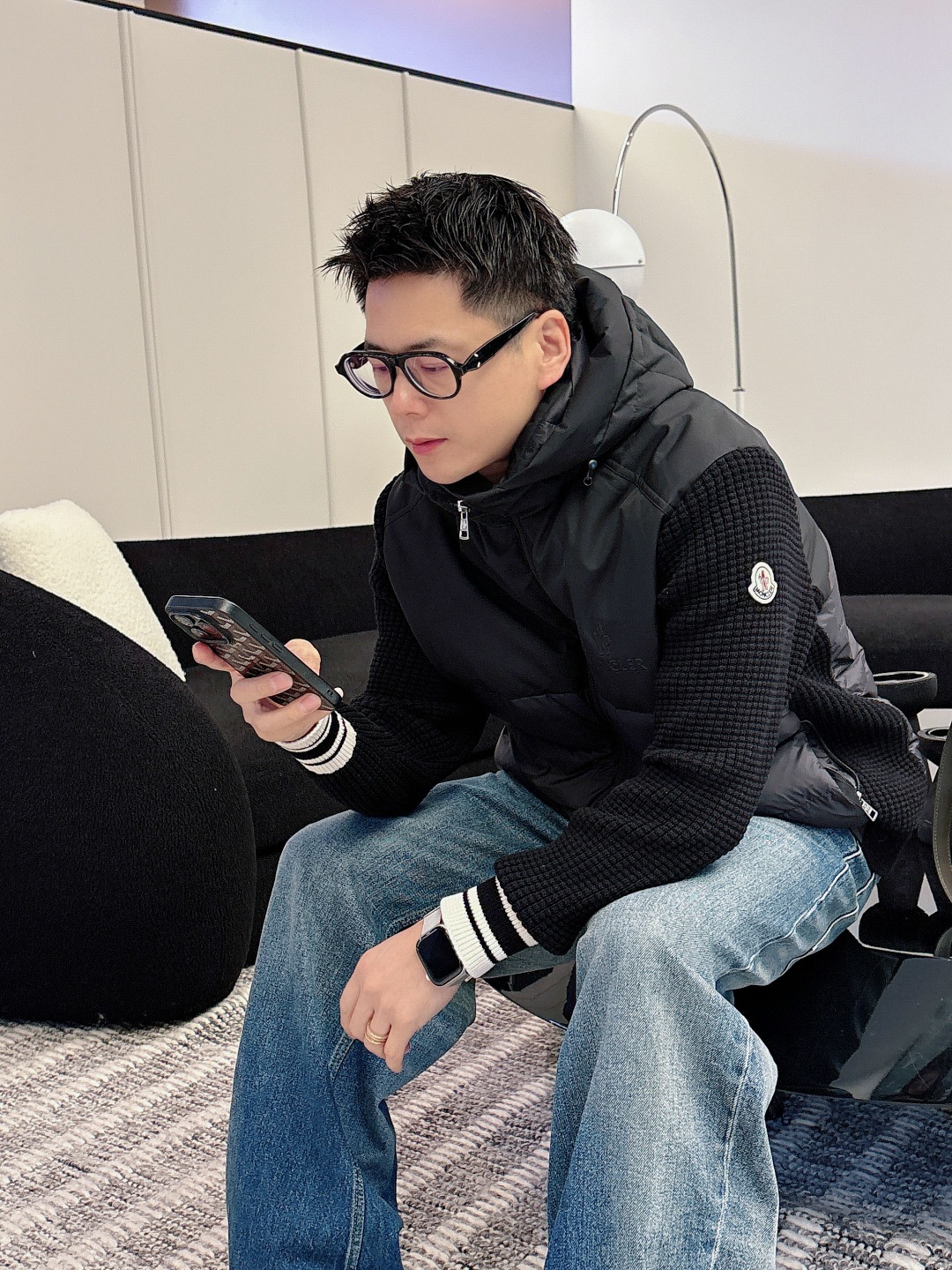 Moncler Down Jacket Knitted Black Hooded M-l