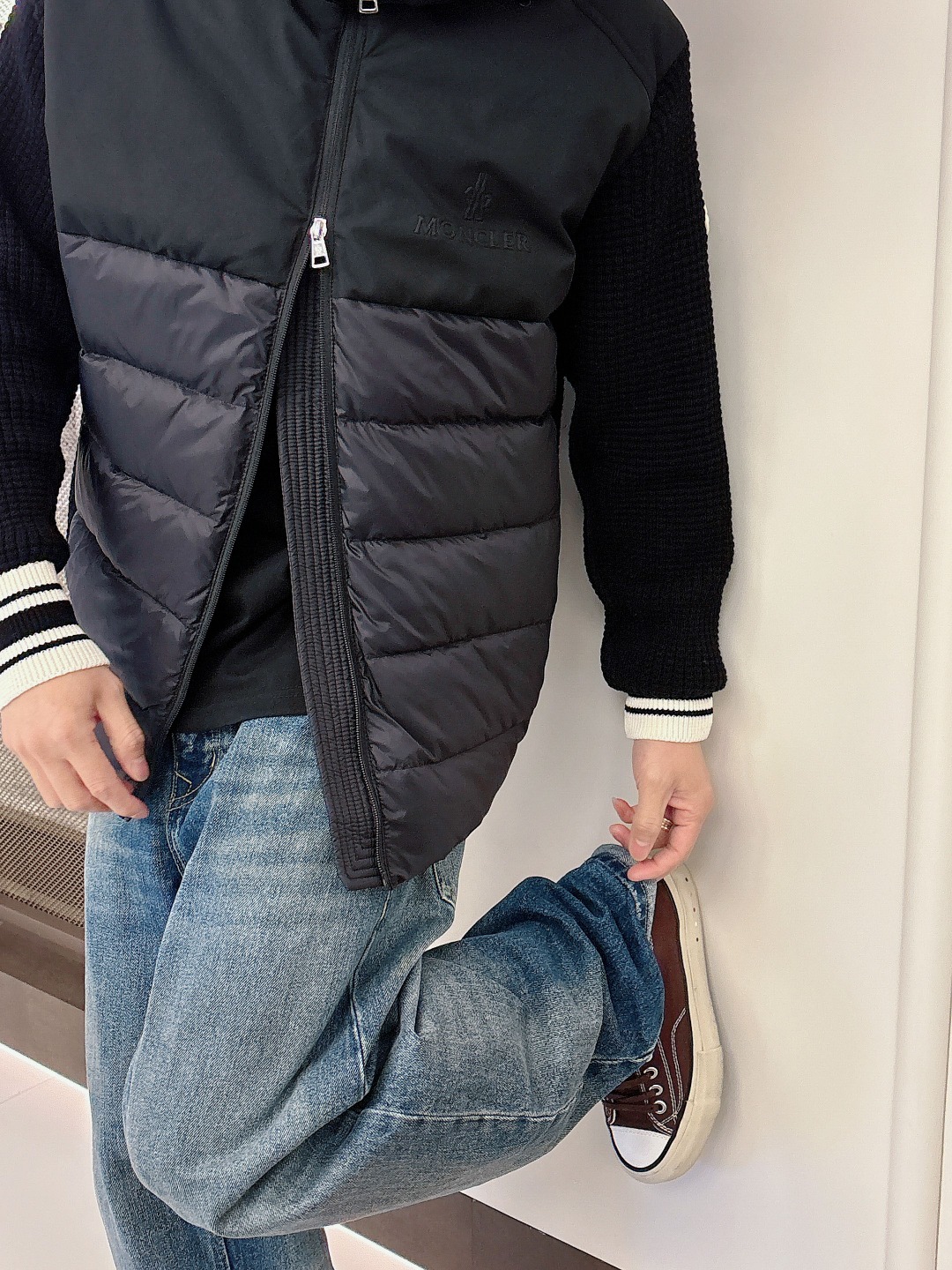 Moncler Down Jacket Knitted Black Hooded M-l