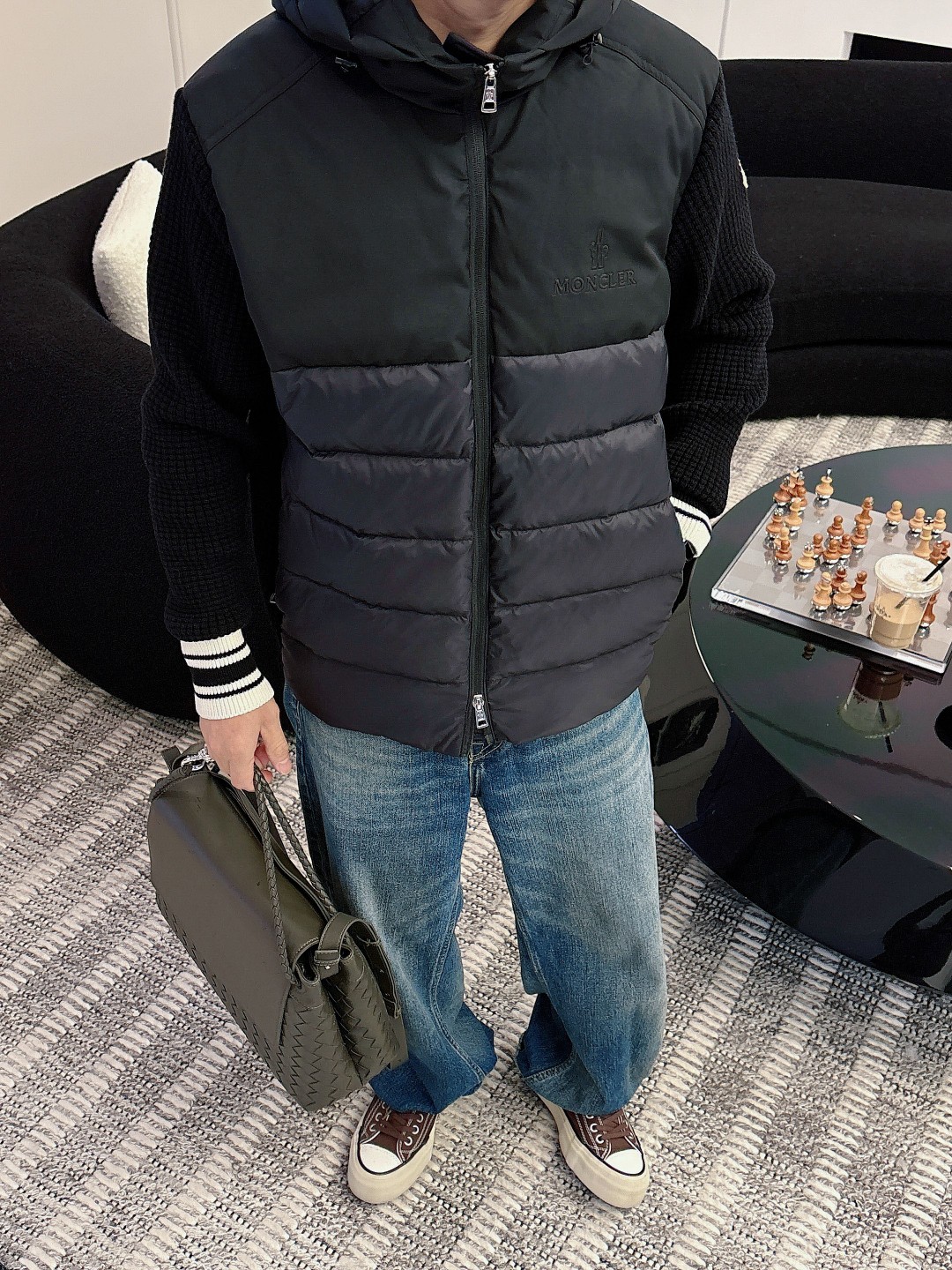 Moncler Down Jacket Knitted Black Hooded M-l