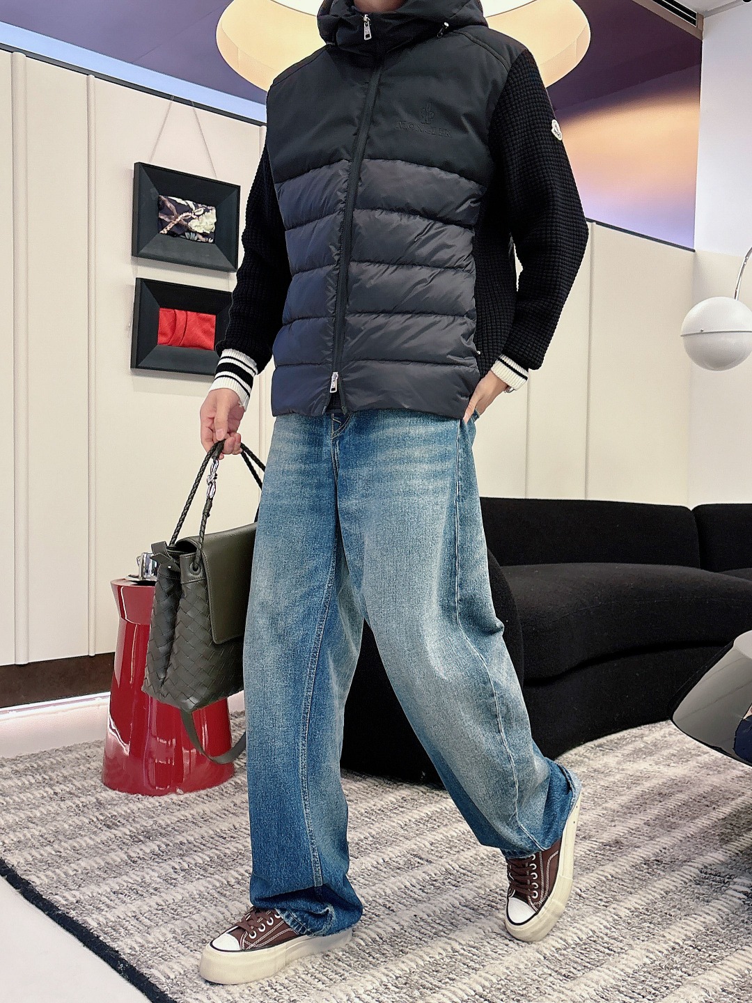 Moncler Down Jacket Knitted Black Hooded M-l