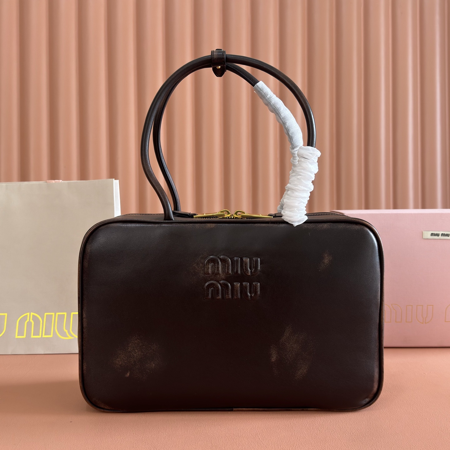 Miu Miu Tote Bag Cow Leather Gold M-10cm