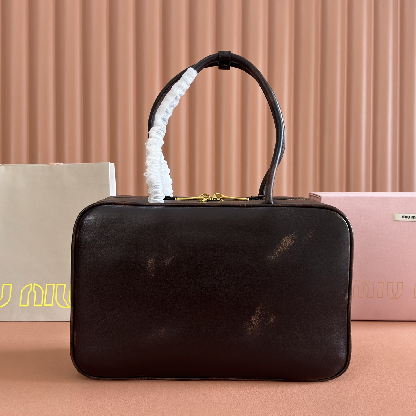 Miu Miu Tote Bag Cow Leather Gold M-10cm